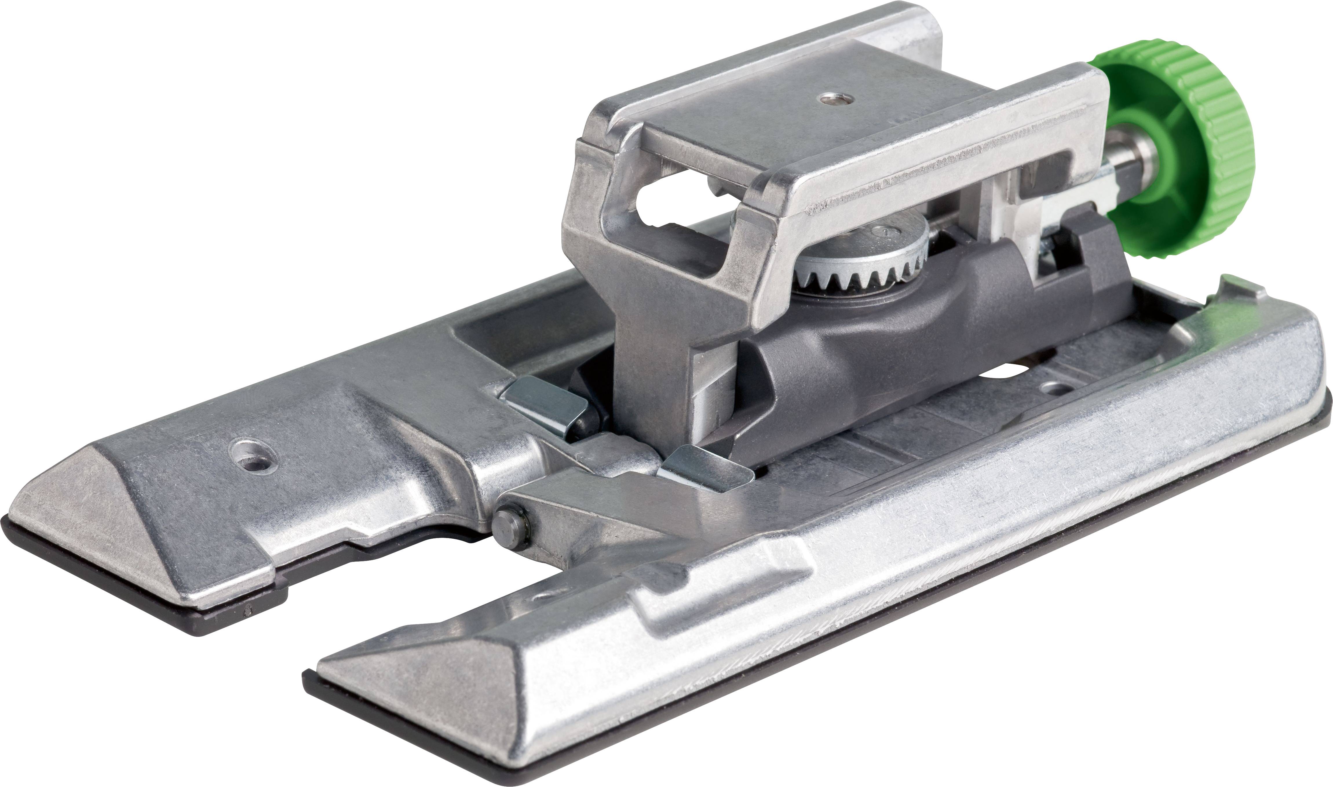 A metallic sewing machine foot with a green adjustment knob, used for guiding fabric in precise stitches.