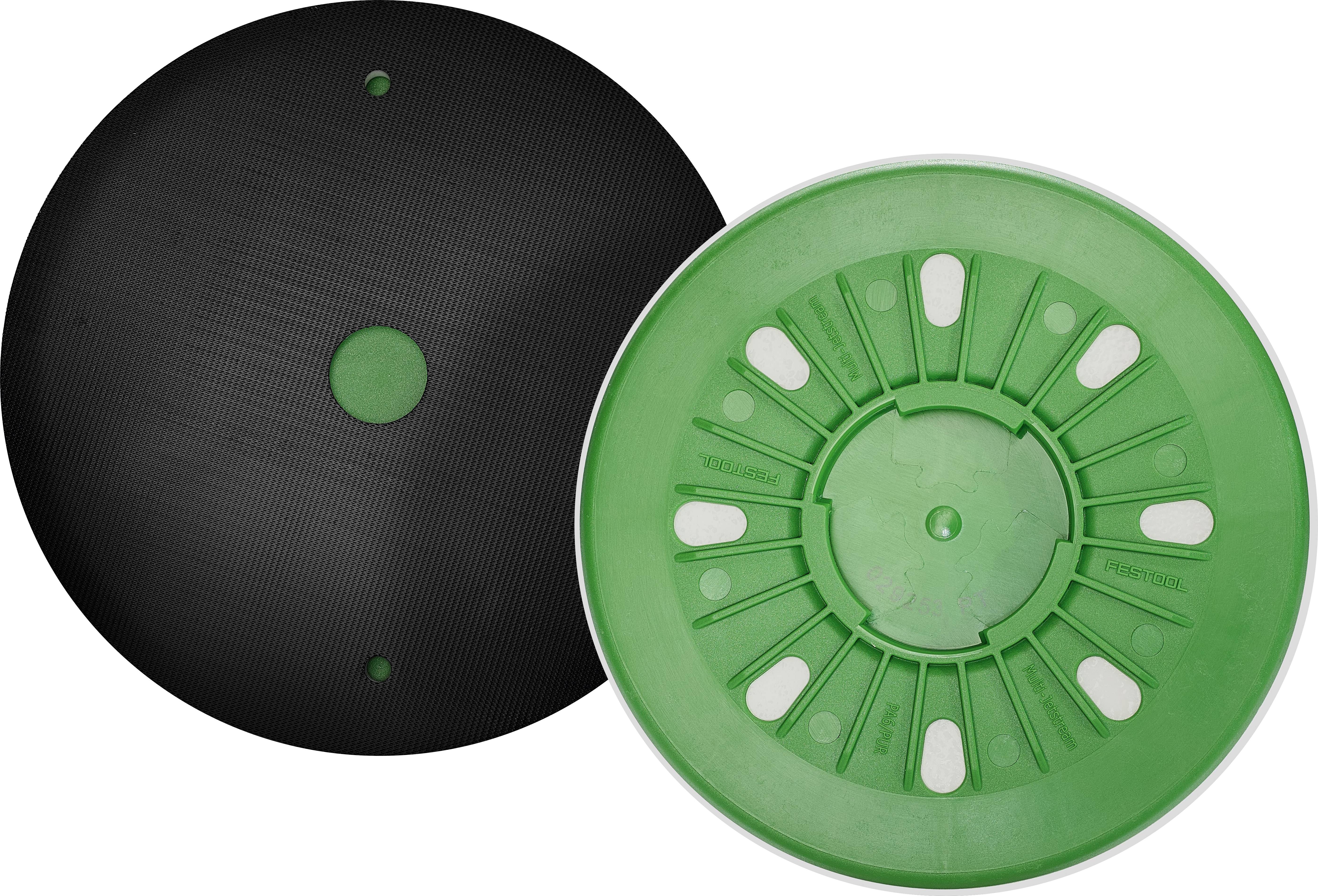 Two balance board discs: one black with a central green dot, one green with white oval slots, designed for exercise or physical therapy.
