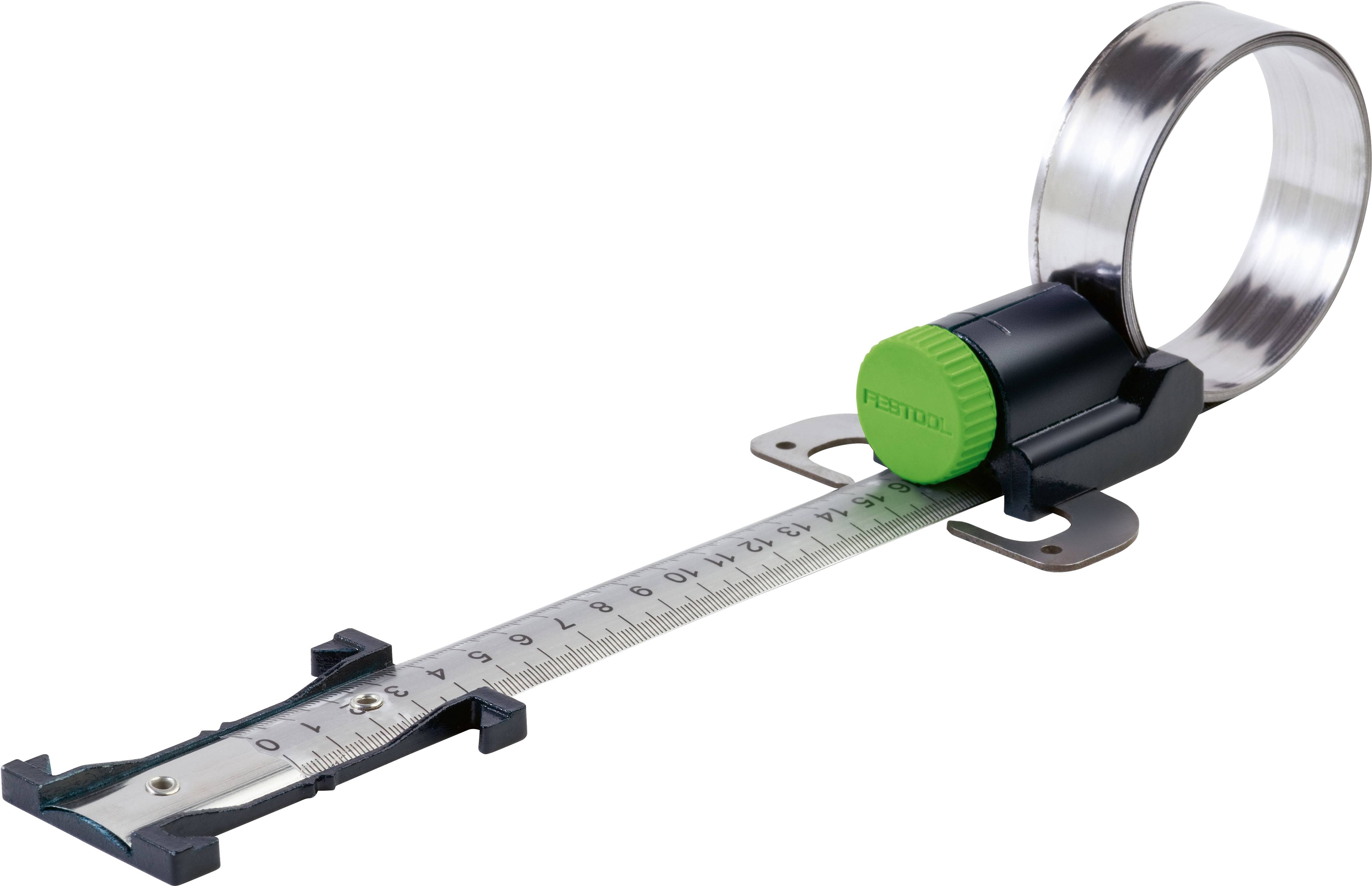 A steel measurement tool with a circular clamp and green dial for adjusting, showing a ruler with centimeters and inch markings.