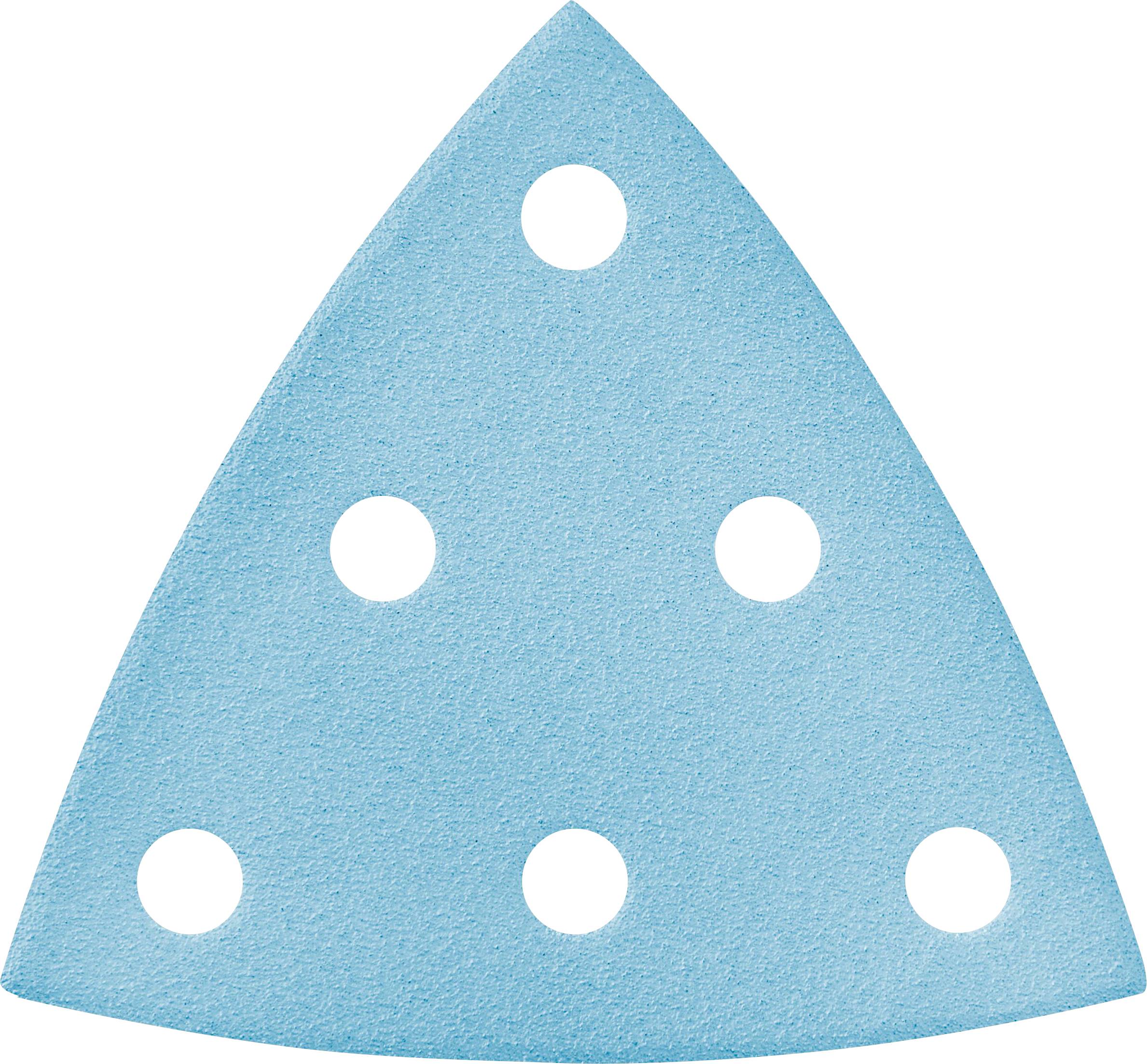 A triangular blue sandpaper sheet with six circular holes evenly distributed across the surface.