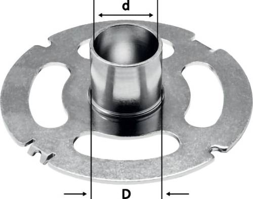 A circular metal part with slots around it, featuring a central raised cylinder labeled with diameter lines marked 'd' and 'D'.