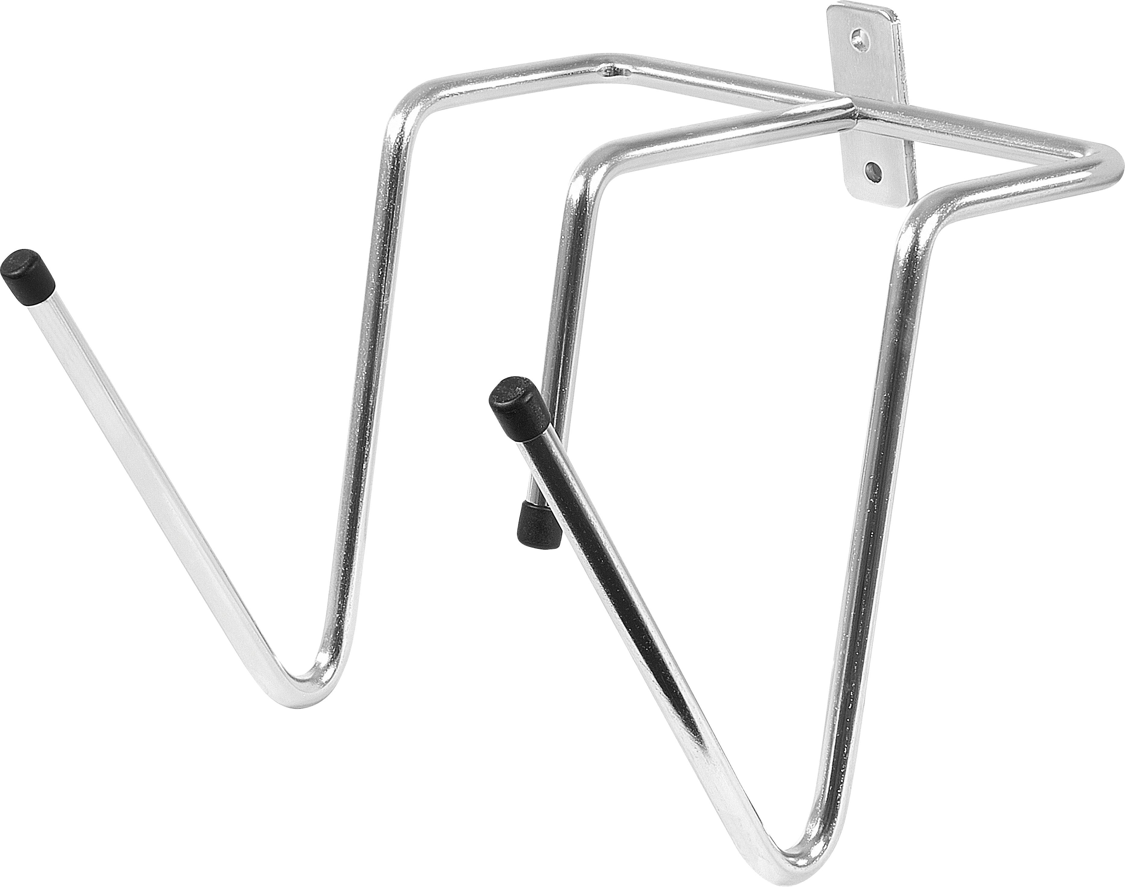 A silver metal wall mount with two hooks designed for holding or displaying objects.
