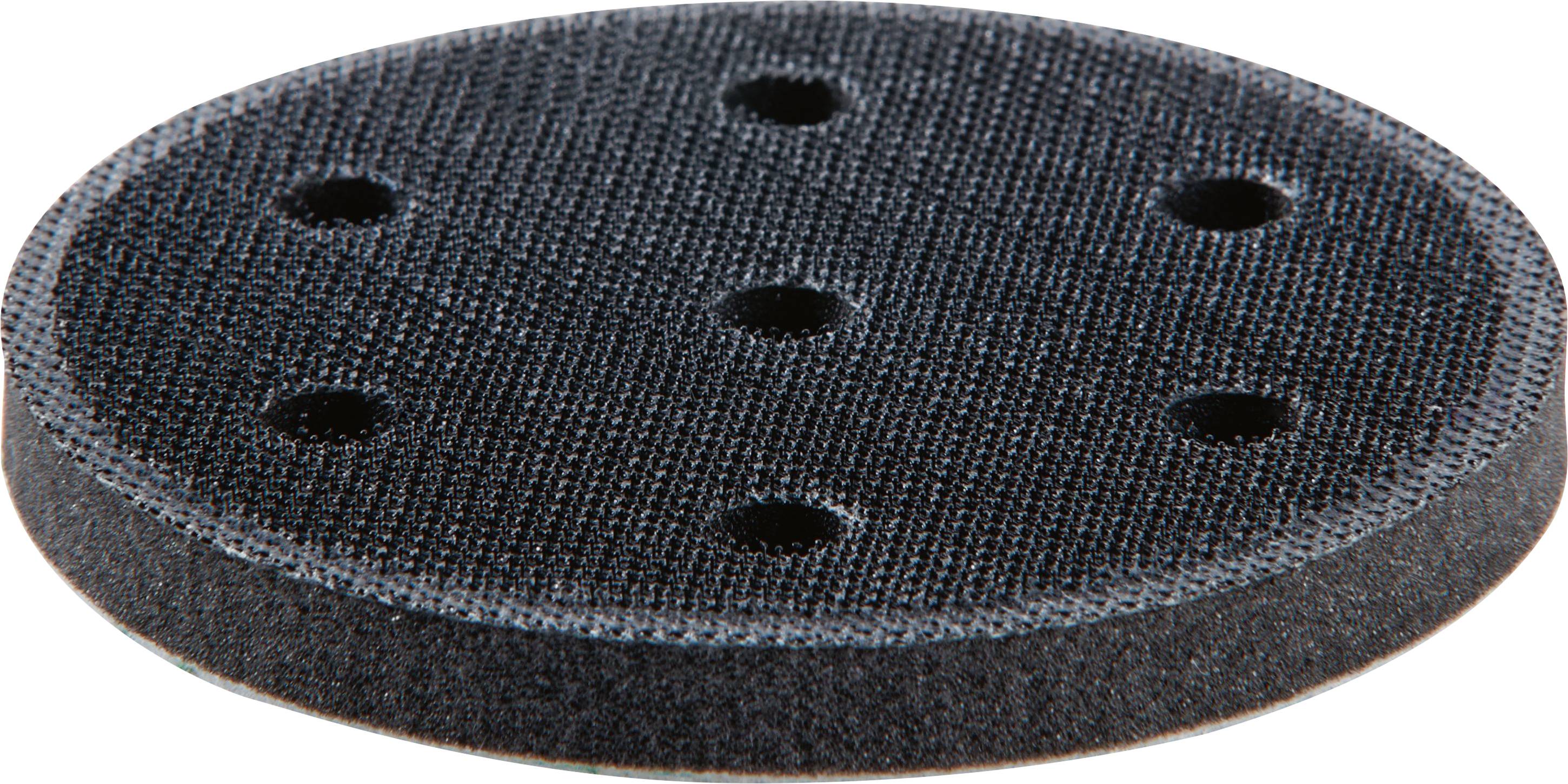 Black circular sanding disc with six holes, used for attachment to sanding tools.