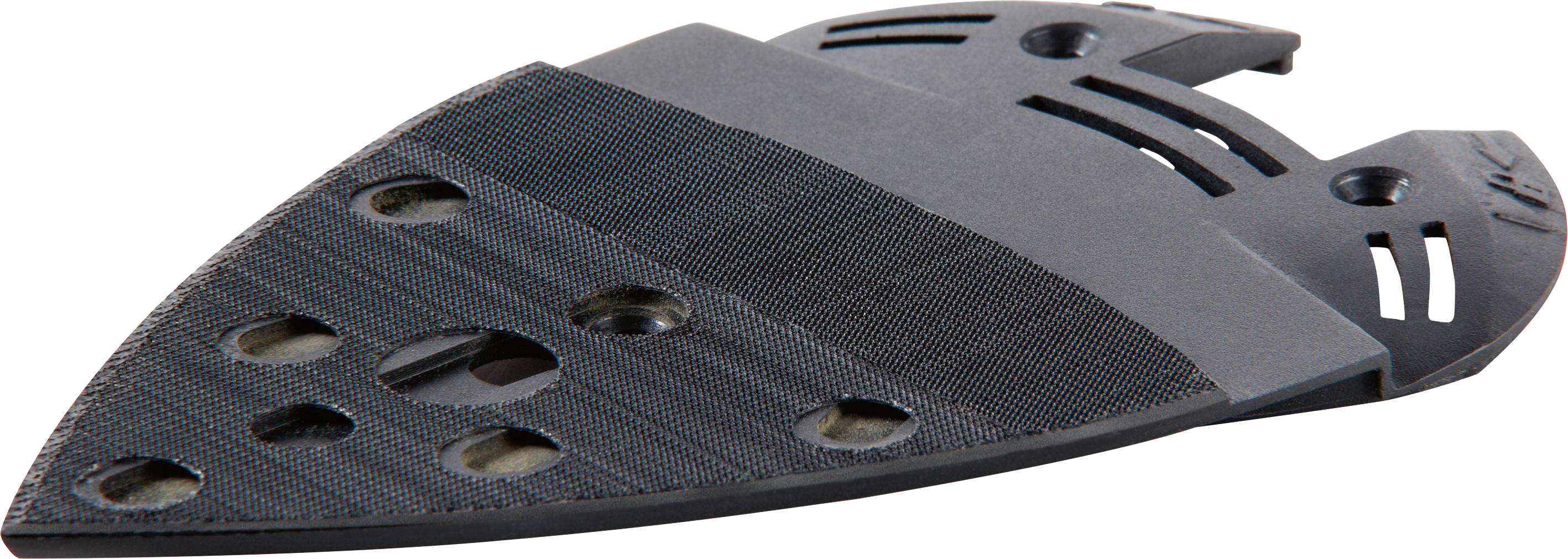 A triangular sandpaper pad with multiple round holes is designed for use with a power sander, showing a textured abrasive surface.