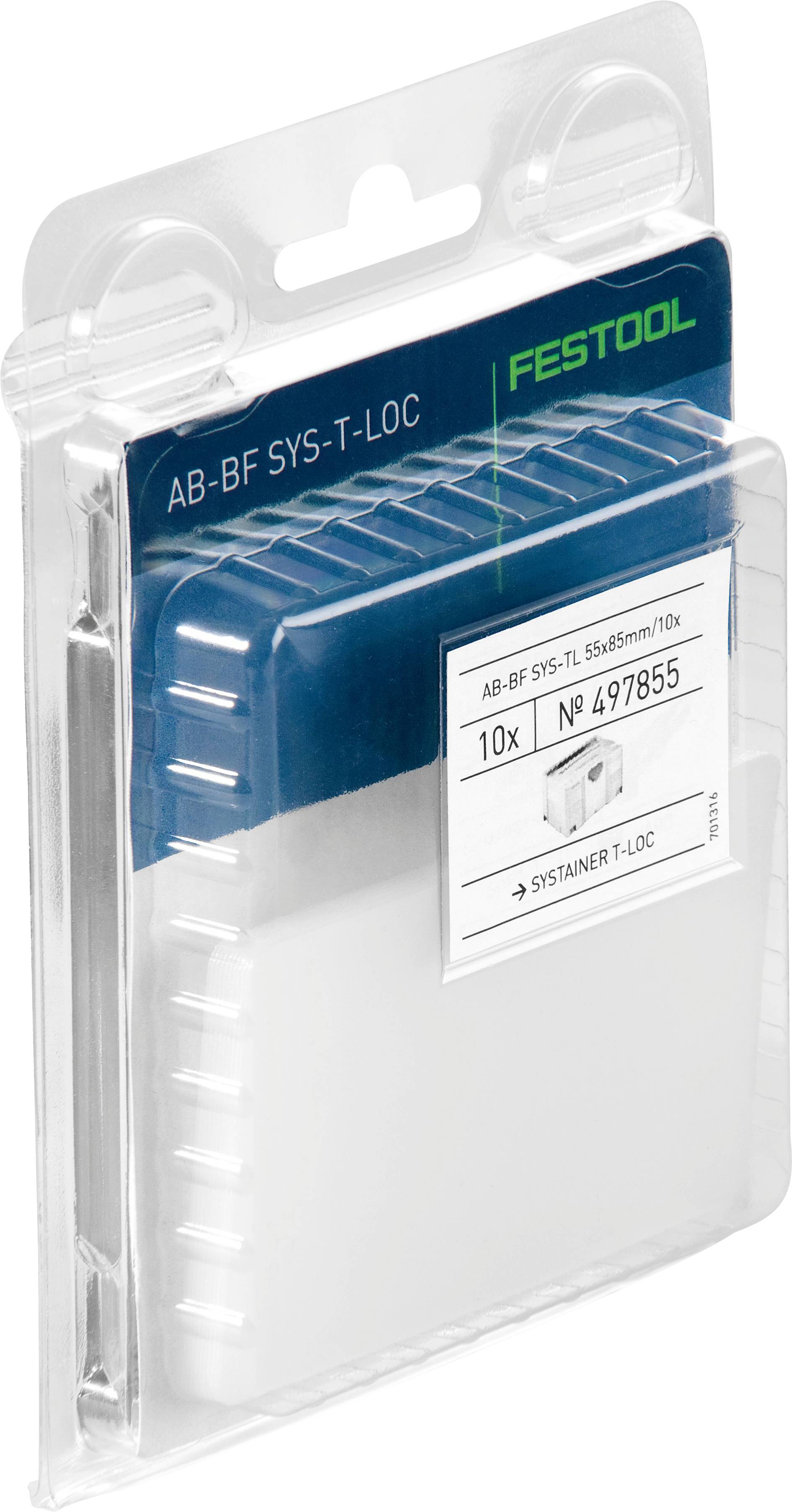 Festool packaging with a clear plastic cover, showcasing a blue and white product labeled 'AB-BF SYS-TL 10x', model number '497855'.