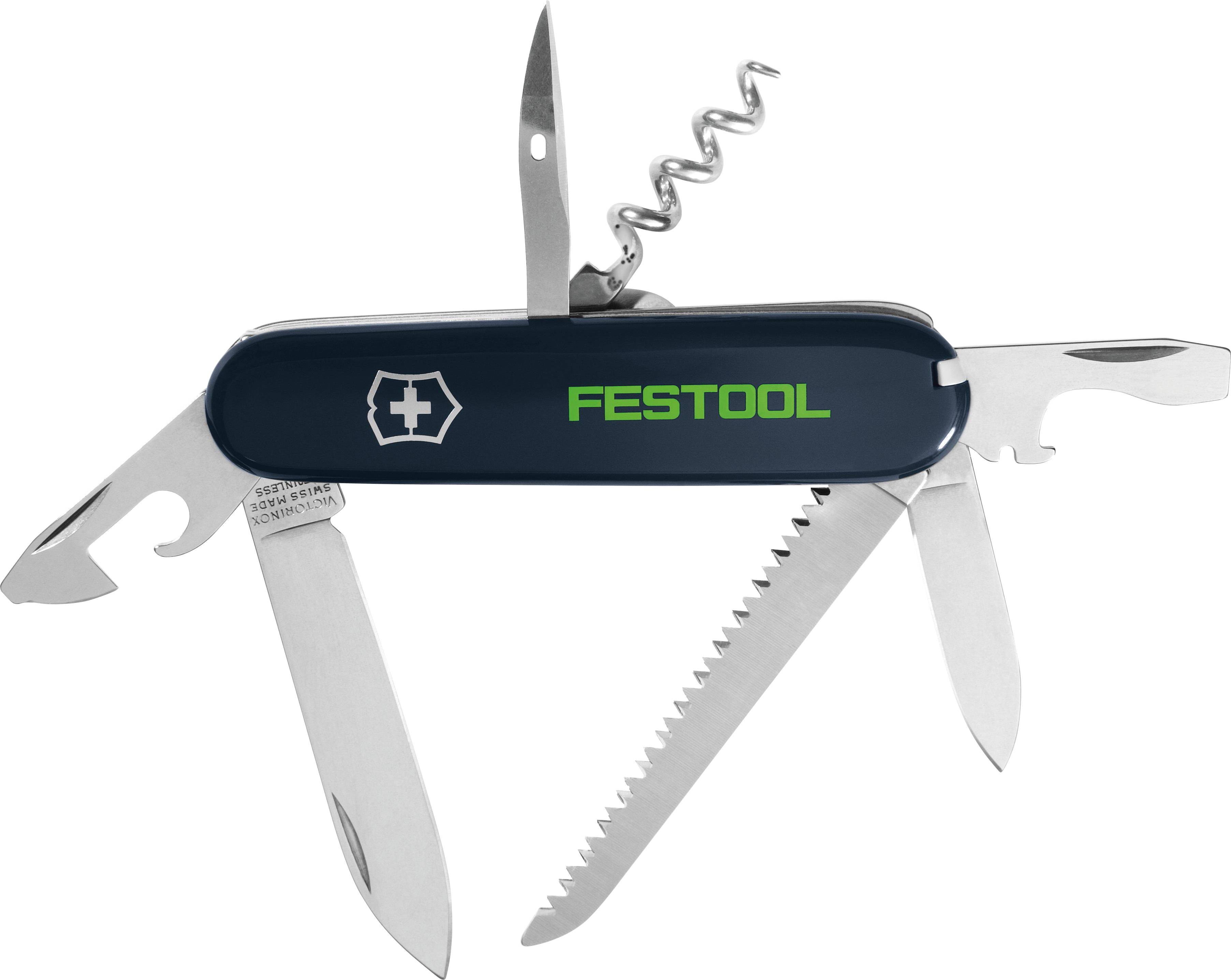 A multitool with knife blades, saw, bottle opener, corkscrew, and screwdriver, featuring 'FESTOOL' branding on a dark handle.