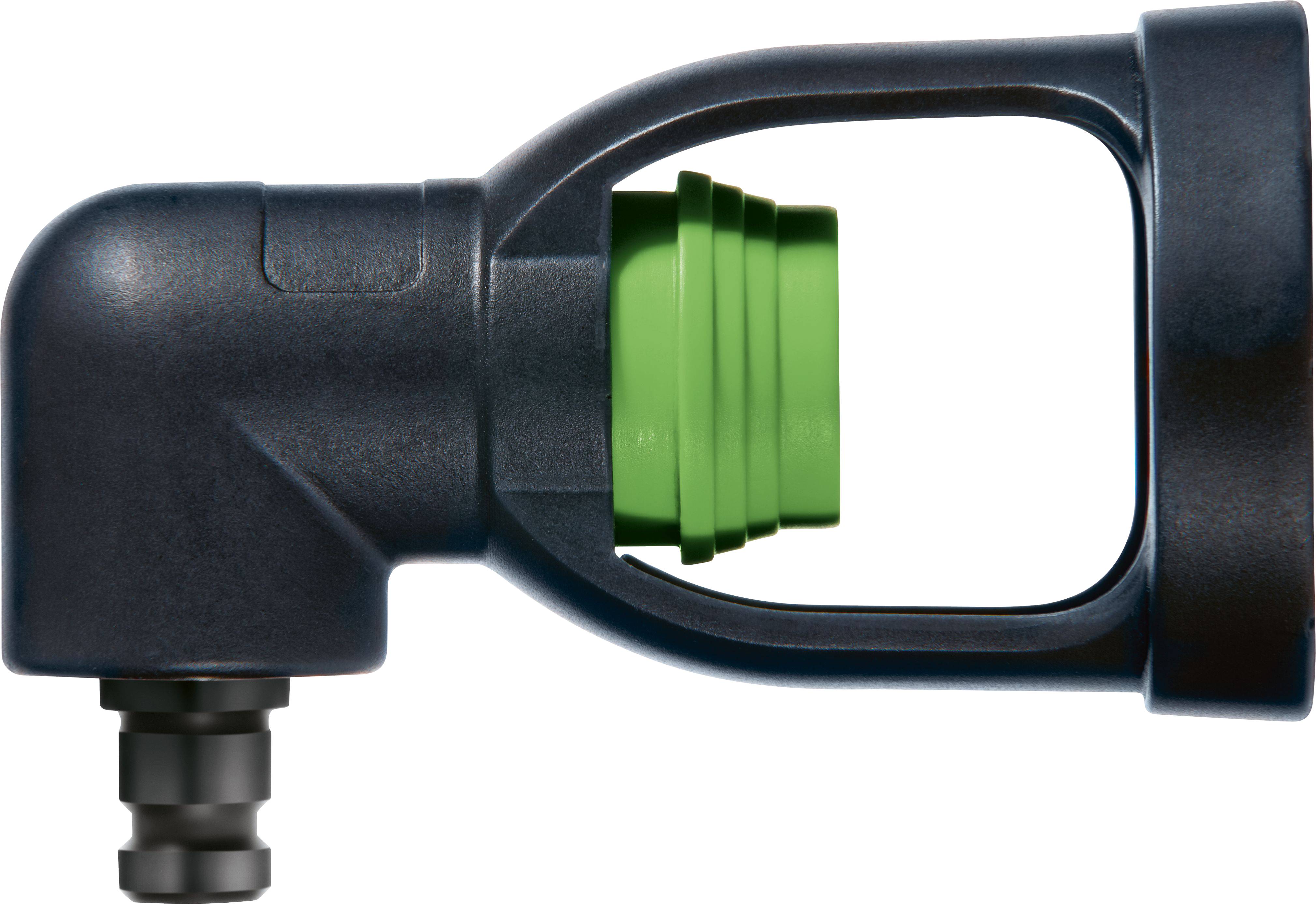 A garden hose attachment with a black angled body and a green connector, designed for efficient water flow control.