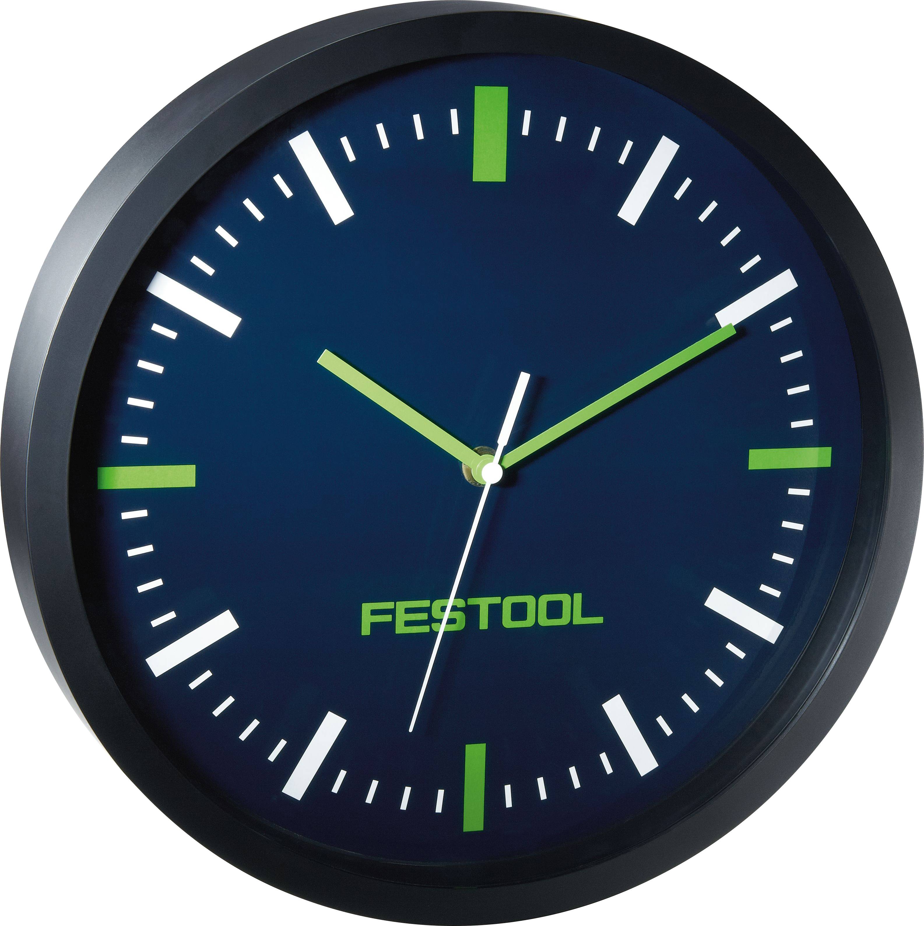 A round wall clock with a black frame and blue face, featuring green and white hour markers and hands. The word 'FESTOOL' is printed on the face.