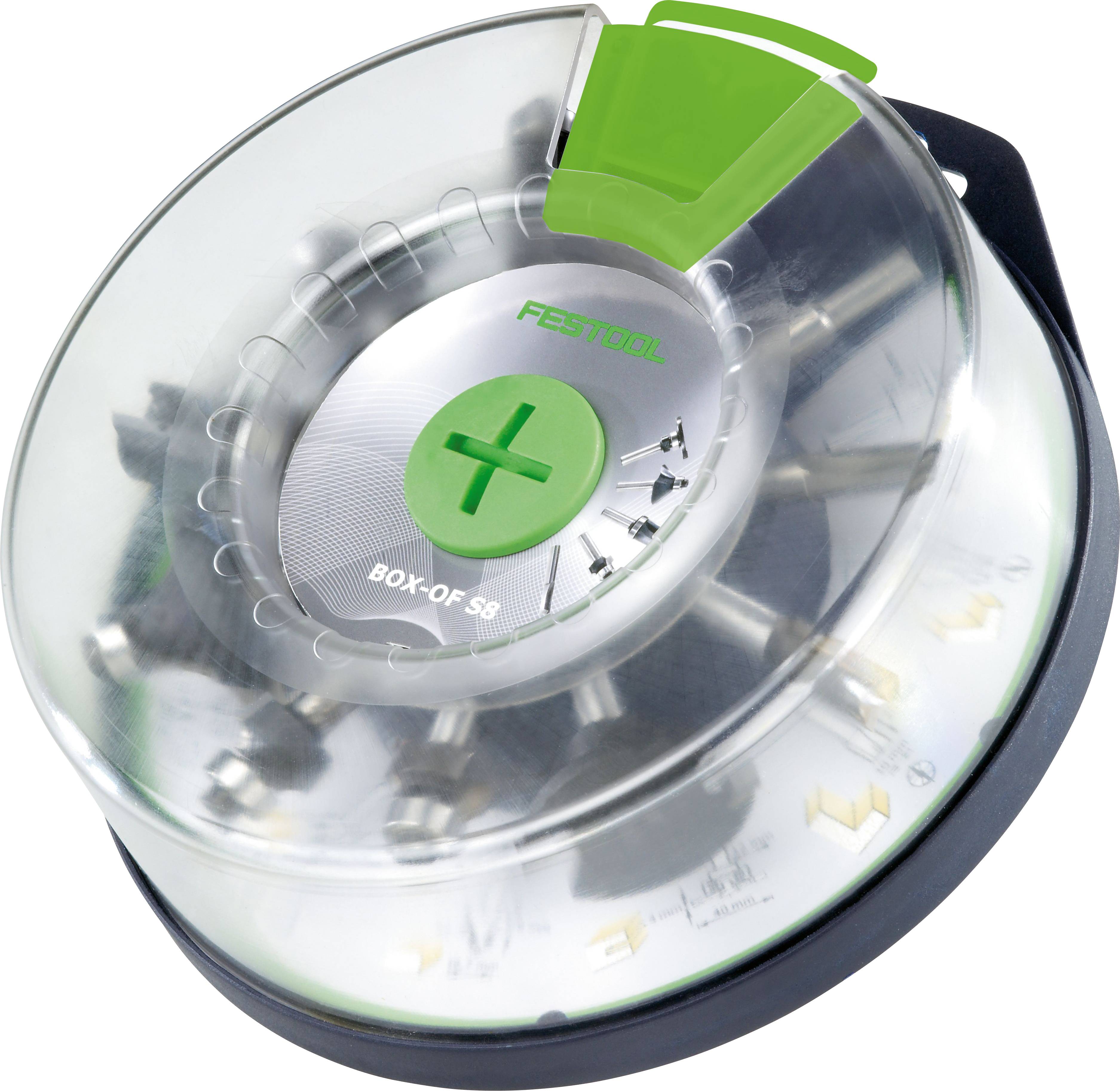A Festool SYS 3 electric screwdriver set in a round case with a transparent top, featuring various bits and a green latch for opening.