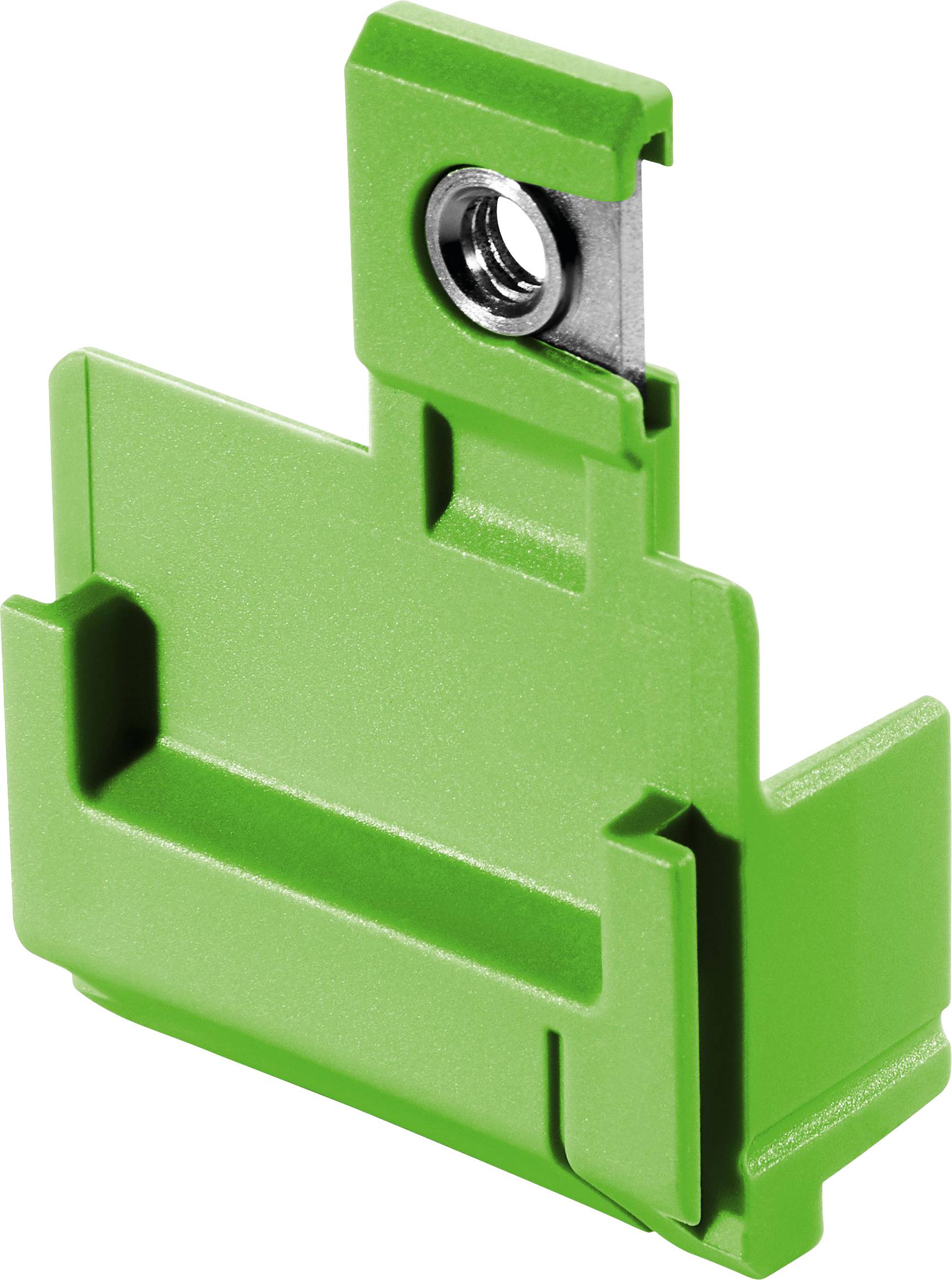 Green mounting terminal block with a metal screw insert at the top, designed for electrical connections in electronic assemblies.
