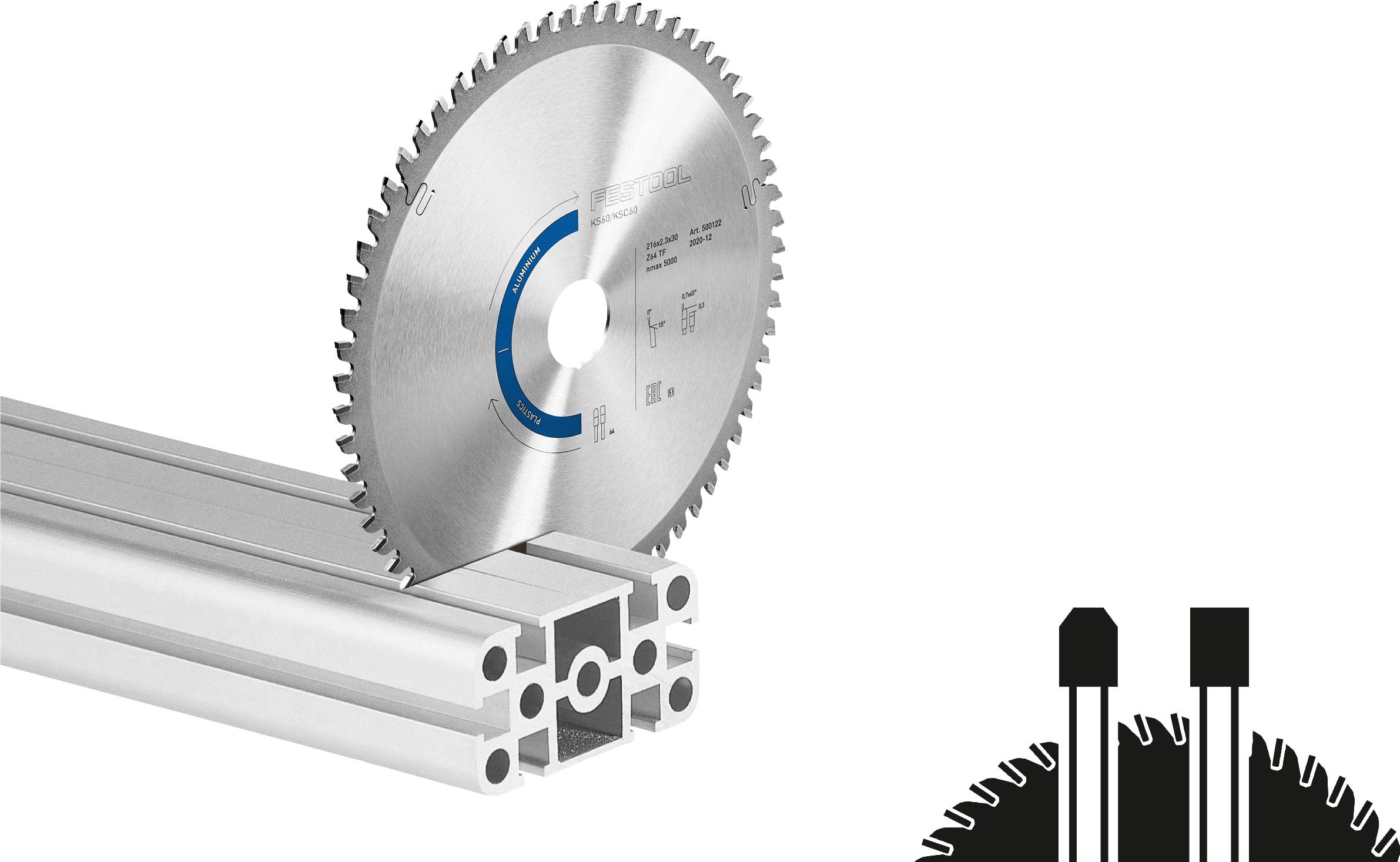 A saw blade positioned on an aluminum extrusion profile, with a diagram on the right illustrating the blade's cutting edge design.