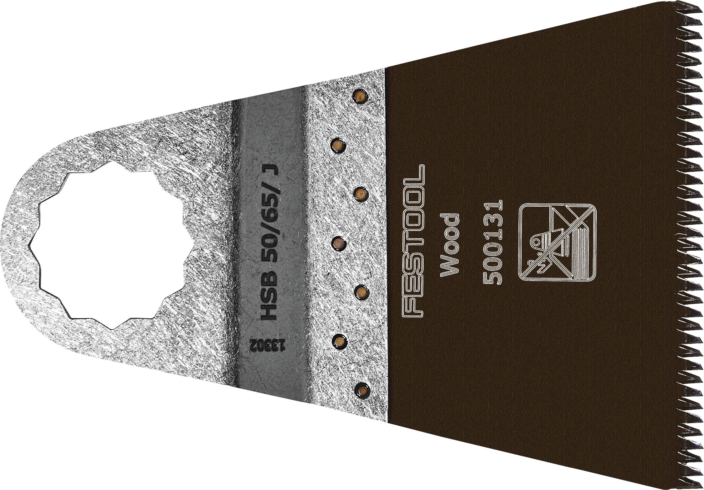 A wood-cutting oscillating tool blade featuring fine teeth, labeled 'FESTOOL' with model number '500131', designed for precision cuts.