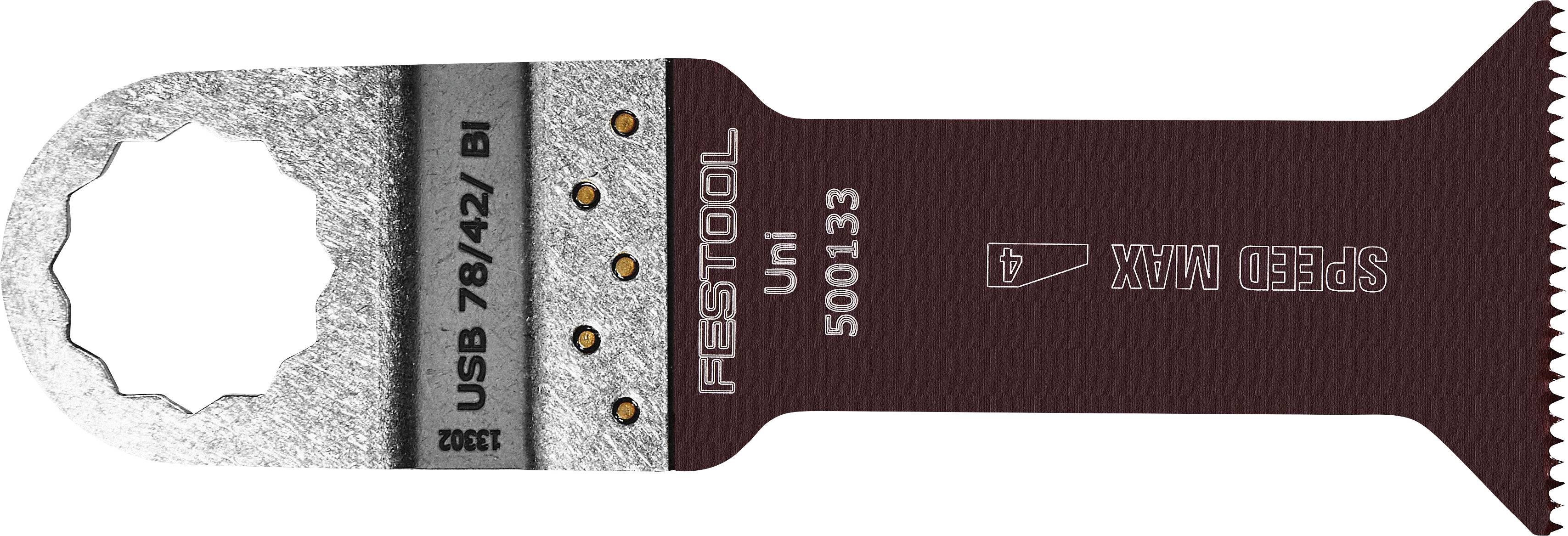 A metal blade with the words 'Festool' and 'Speed Max' printed on it. The blade end is serrated, and the attachment point is circular.
