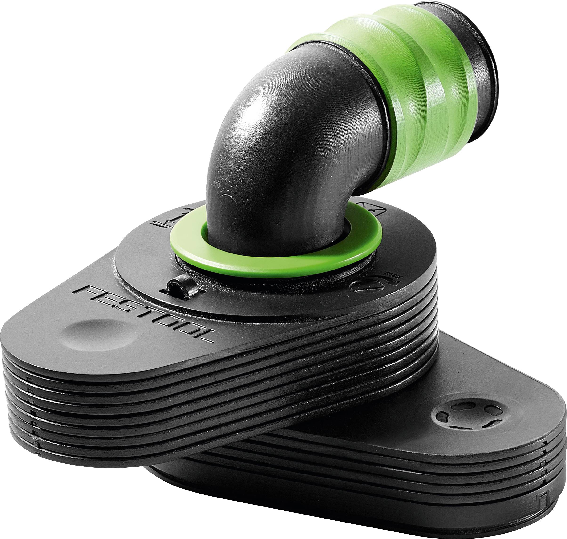 The image shows a black and green Festool vacuum accessory connector with a 90-degree elbow design, used for efficient dust extraction.