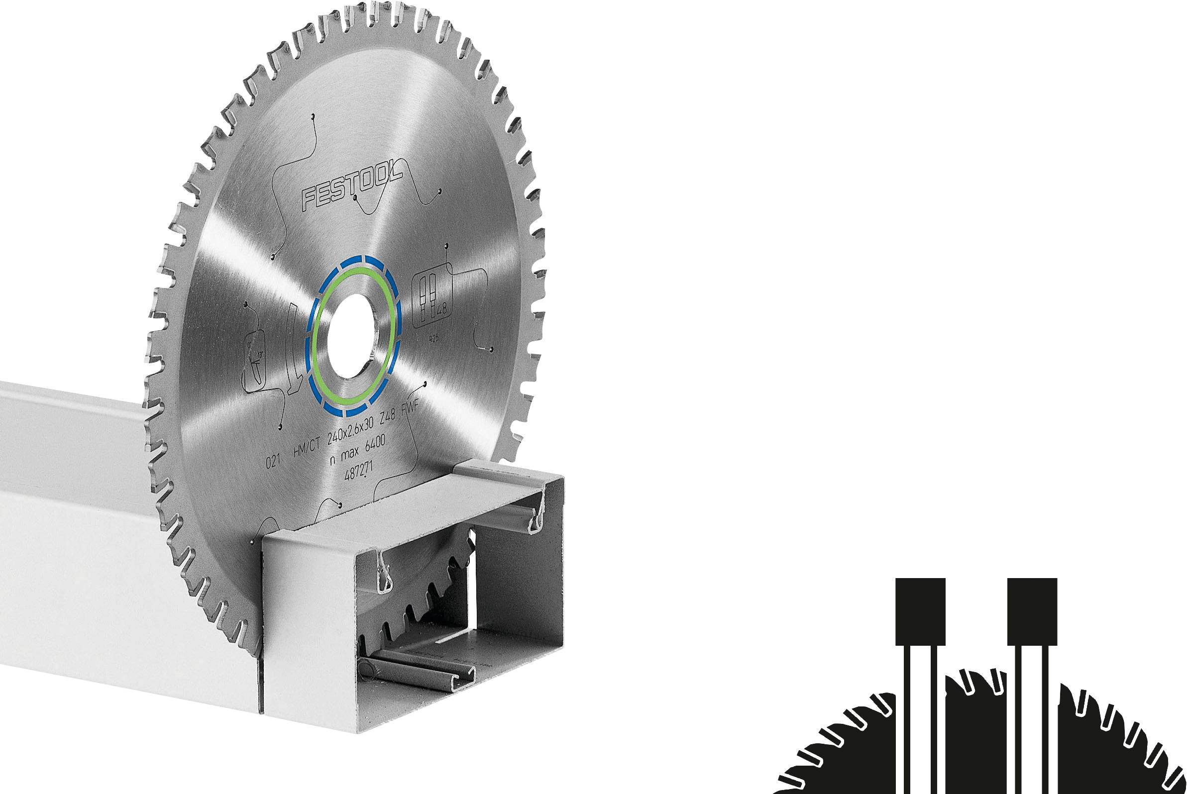 Circular saw blade placed in a metal guide, alongside a diagram showing the blade's teeth pattern.