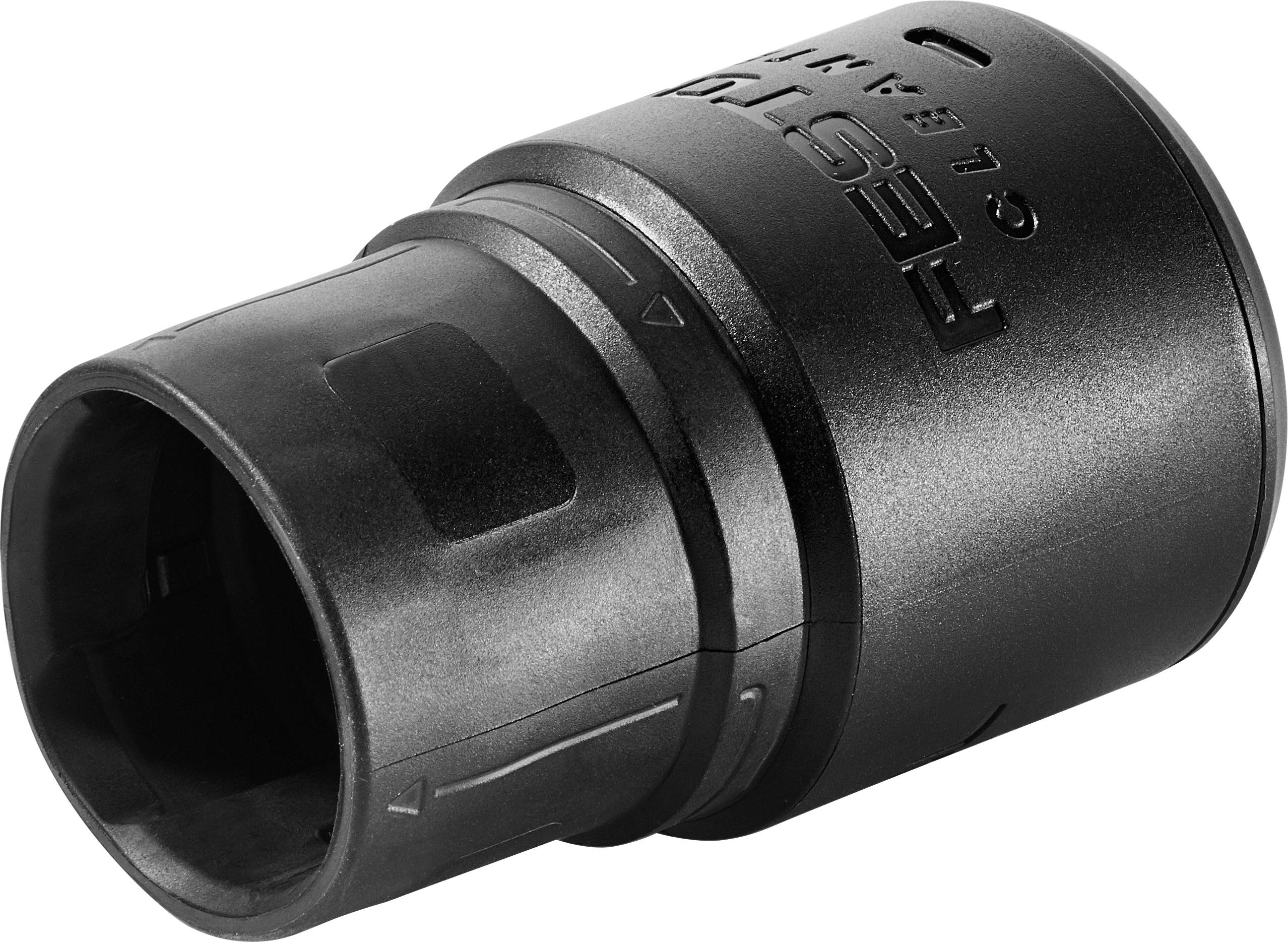 A black Festool vacuum adapter with locking mechanism, showing branding and product details, designed for connecting power tools.