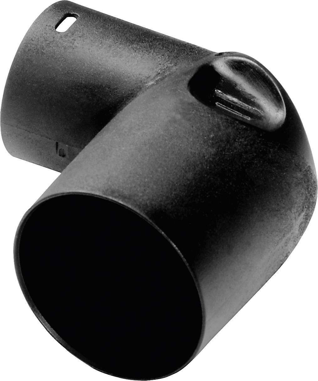 A black plastic pipe connector with a 90-degree angle.