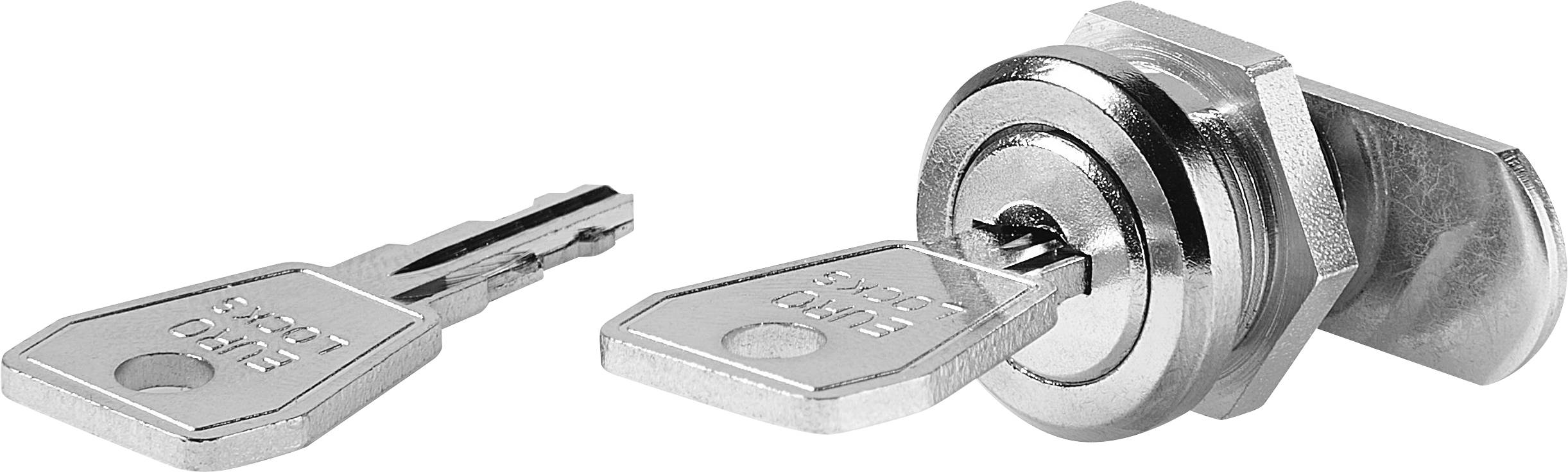 A silver cam lock with two keys, one inserted into the lock and the other laying beside it, used for securing cabinets or drawers.