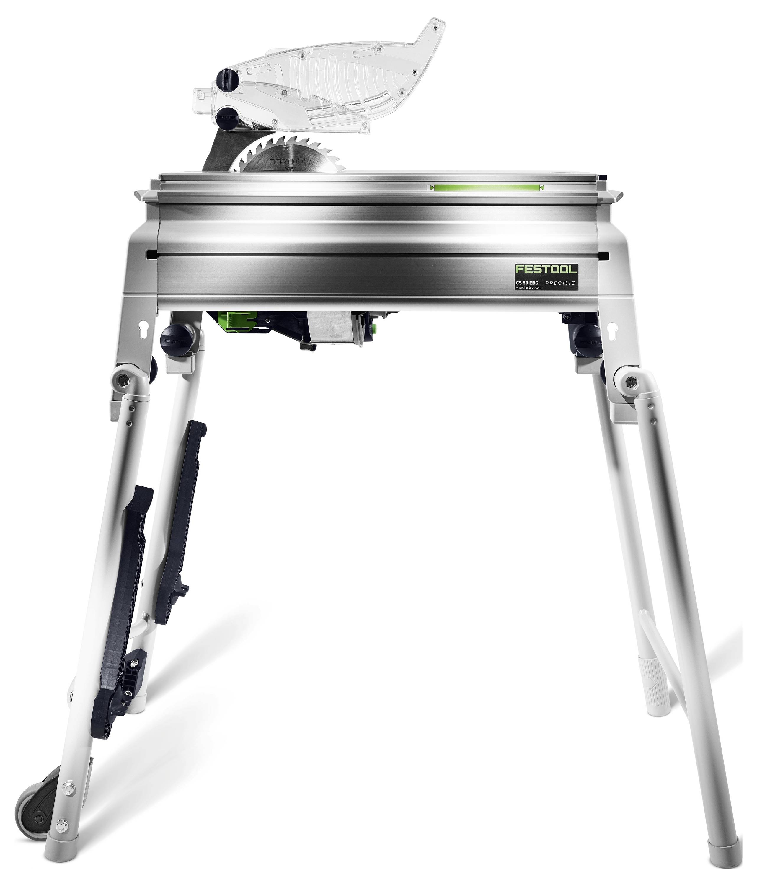 A metal miter saw on a folding stand, with a circular blade partly covered by a transparent guard. The brand logo 'Festool' is visible.