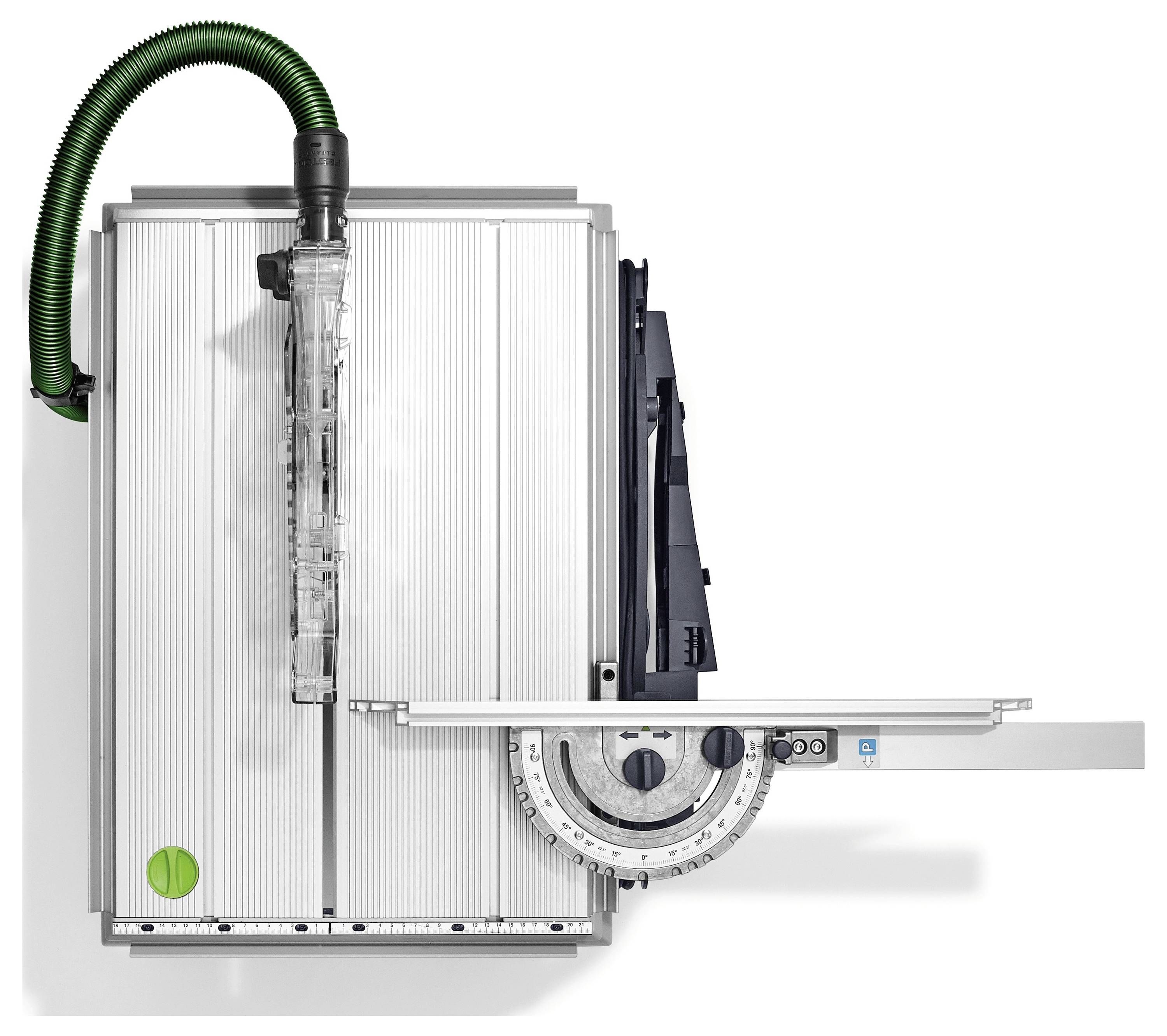 A table saw with a silver, ribbed surface, a green dust collection hose, and an adjustable miter gauge for precise cutting angles.