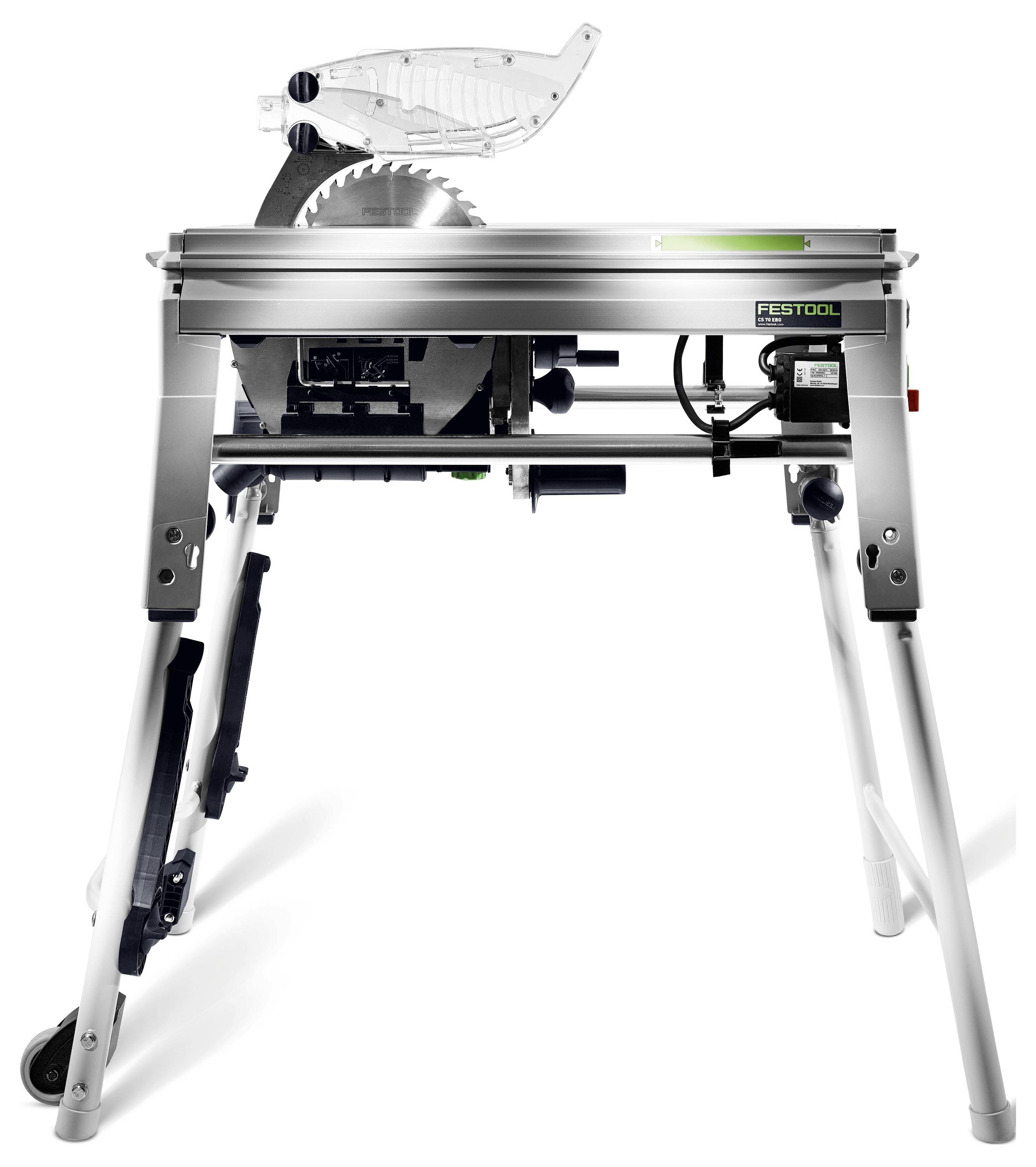 'A table saw with a circular blade, supported by four metal legs, featuring a clear protective cover. Brand label indicates 
