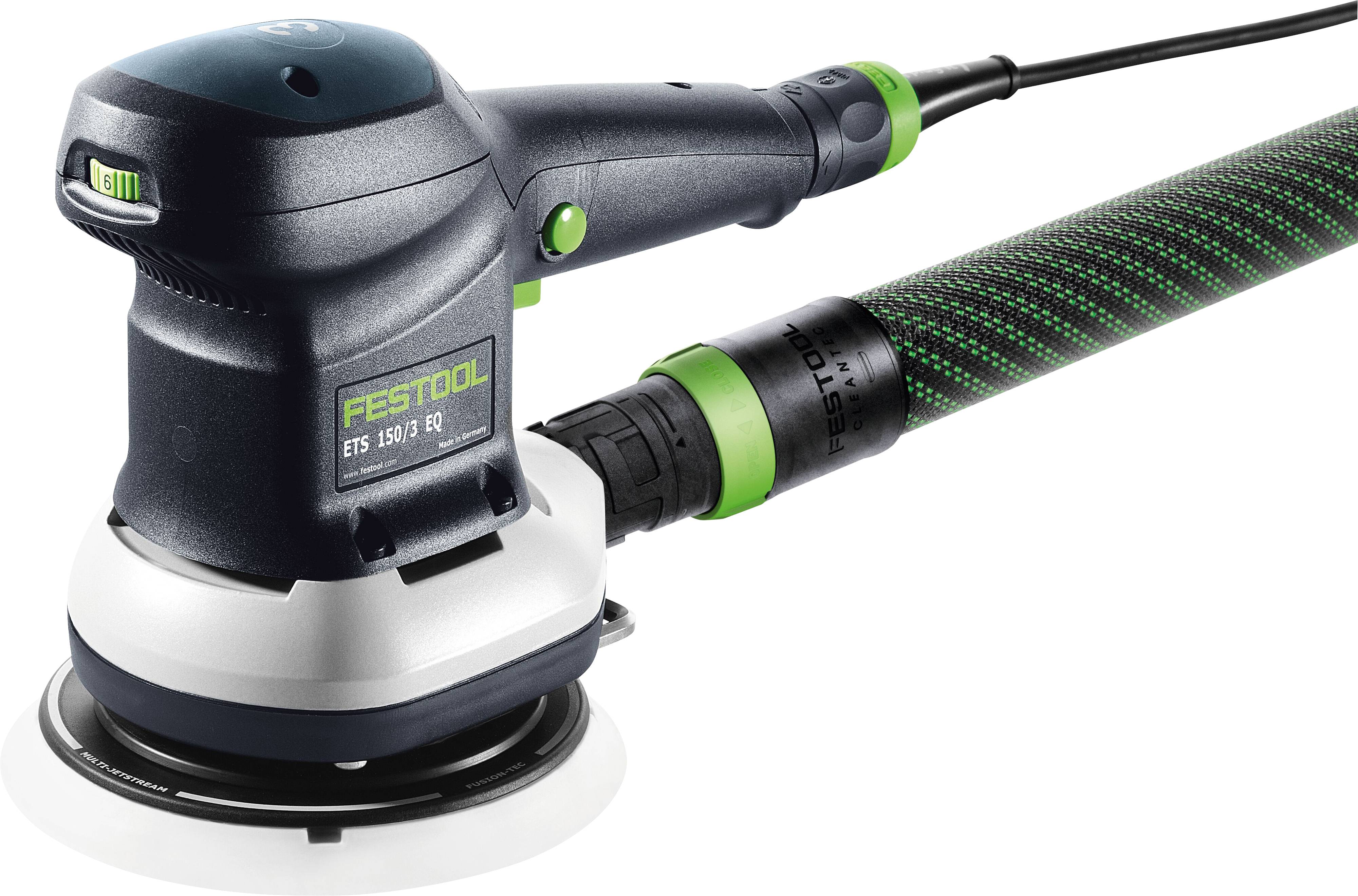 'The Festool ETS 150/3 EQ' random orbital sander, featuring a compact ergonomic design with a dust extraction hose for efficient use.