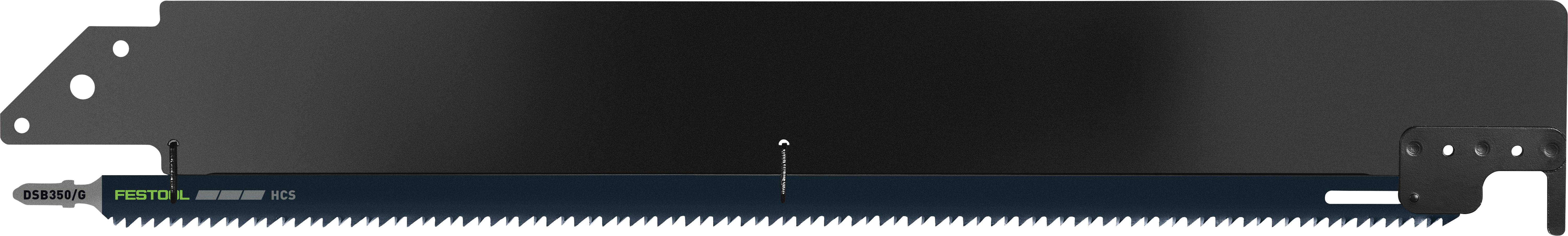 A long, black reciprocating saw blade, labeled 'FESTOOL' and 'UNIVERSAL S145/4.3', features jagged teeth at the bottom edge for cutting.
