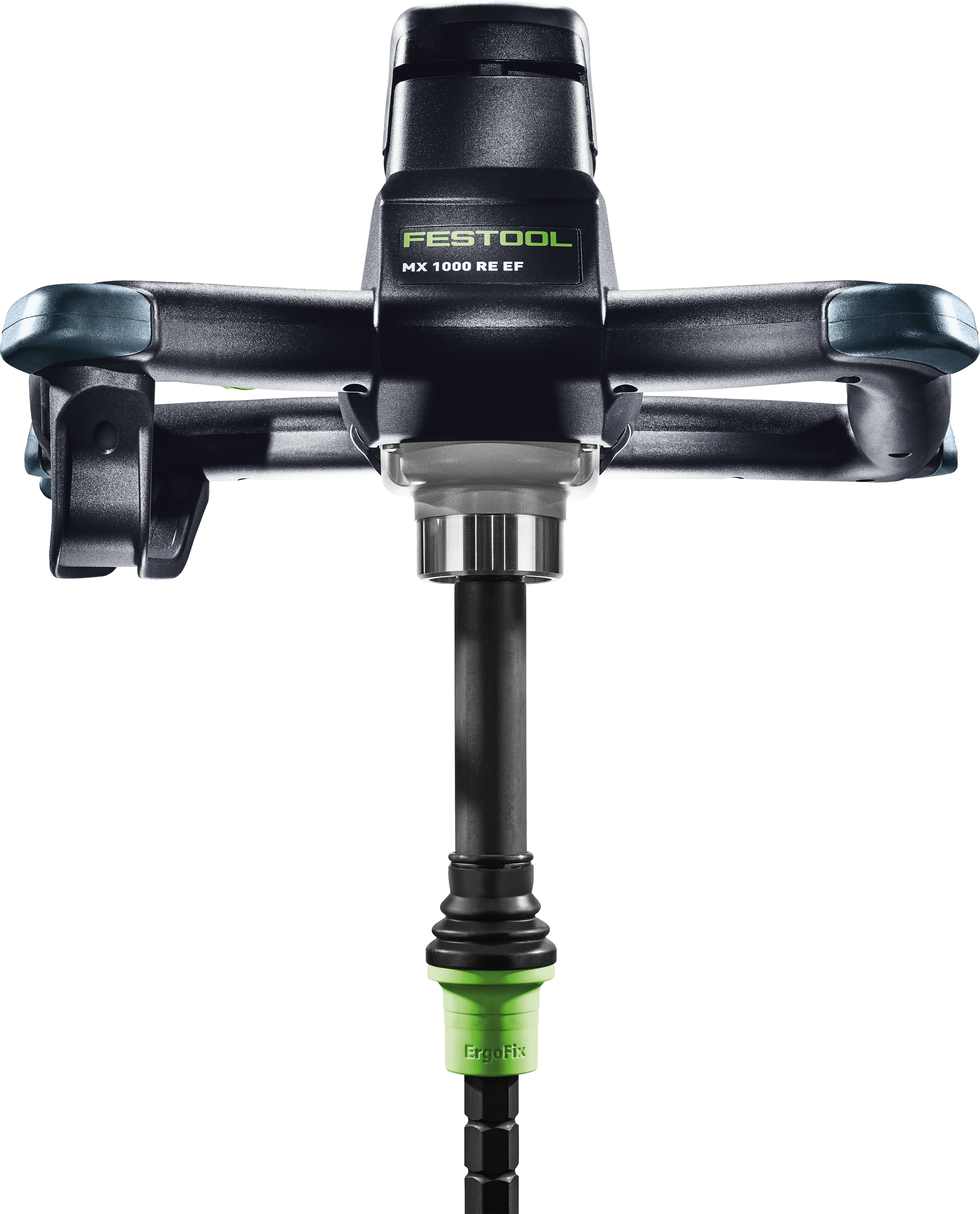 'Festool MX 1000 RE EF' power tool mixer with a black and green design, featuring ergonomic handles and a central rotating shaft.