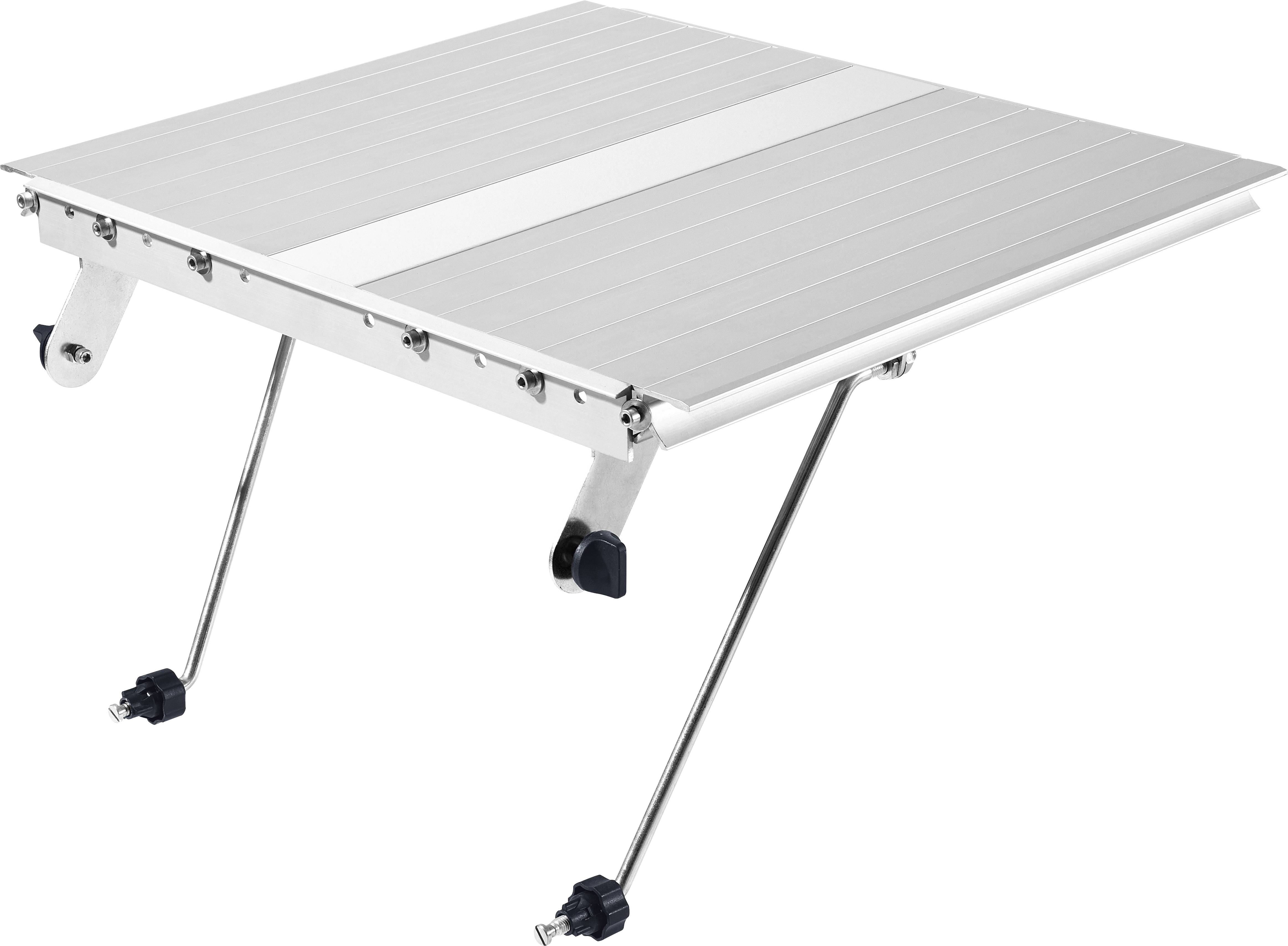 Portable folding table with metal legs and a rectangular aluminum surface, designed for outdoor use.