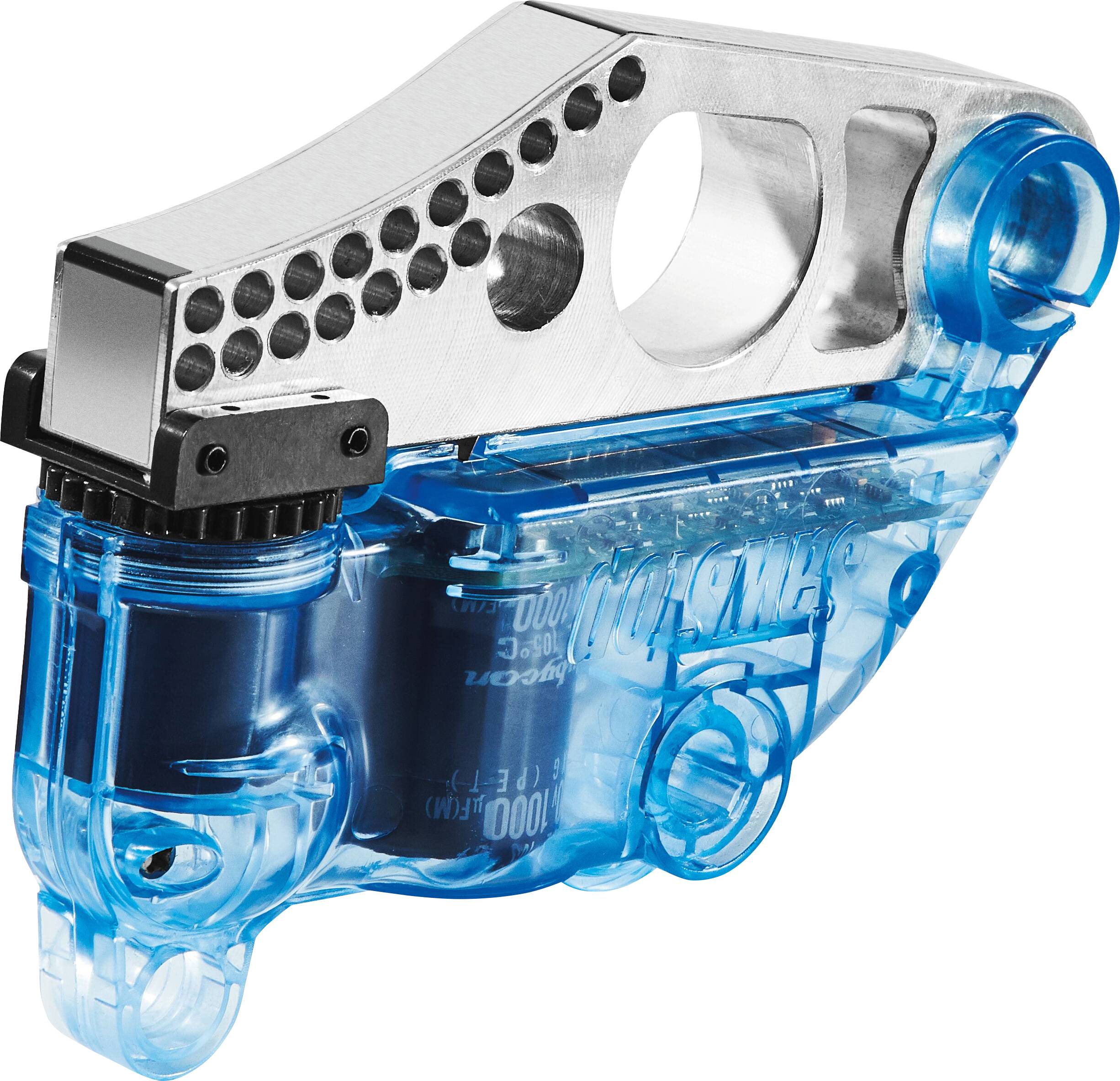A Swingline blue cartridge stapler, featuring a metallic silver top with perforated holes and a transparent blue casing.