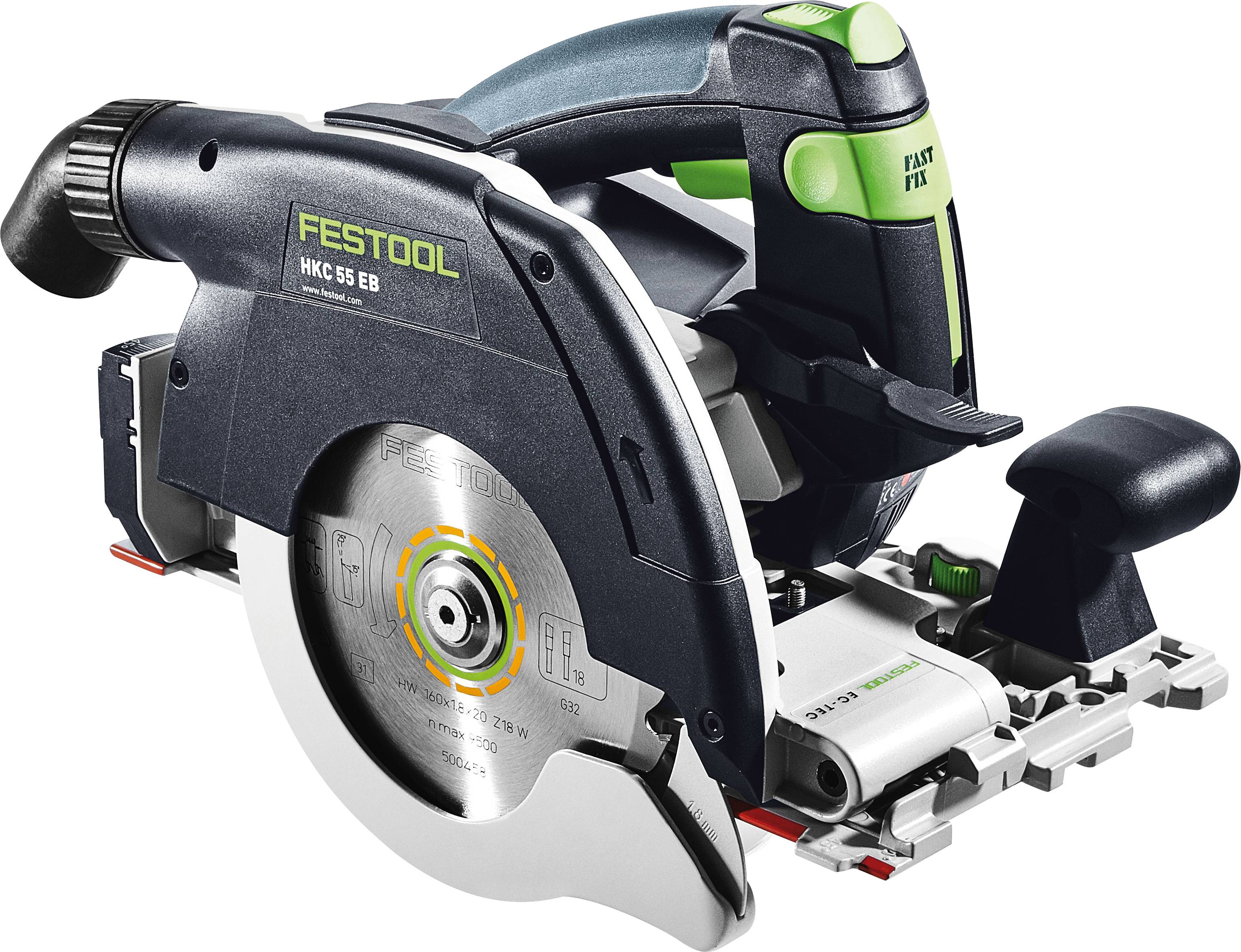 A cordless circular saw with a black and green design, labeled 'Festool HKC 55 EB', featuring a sharp blade and side handle for precision cutting.