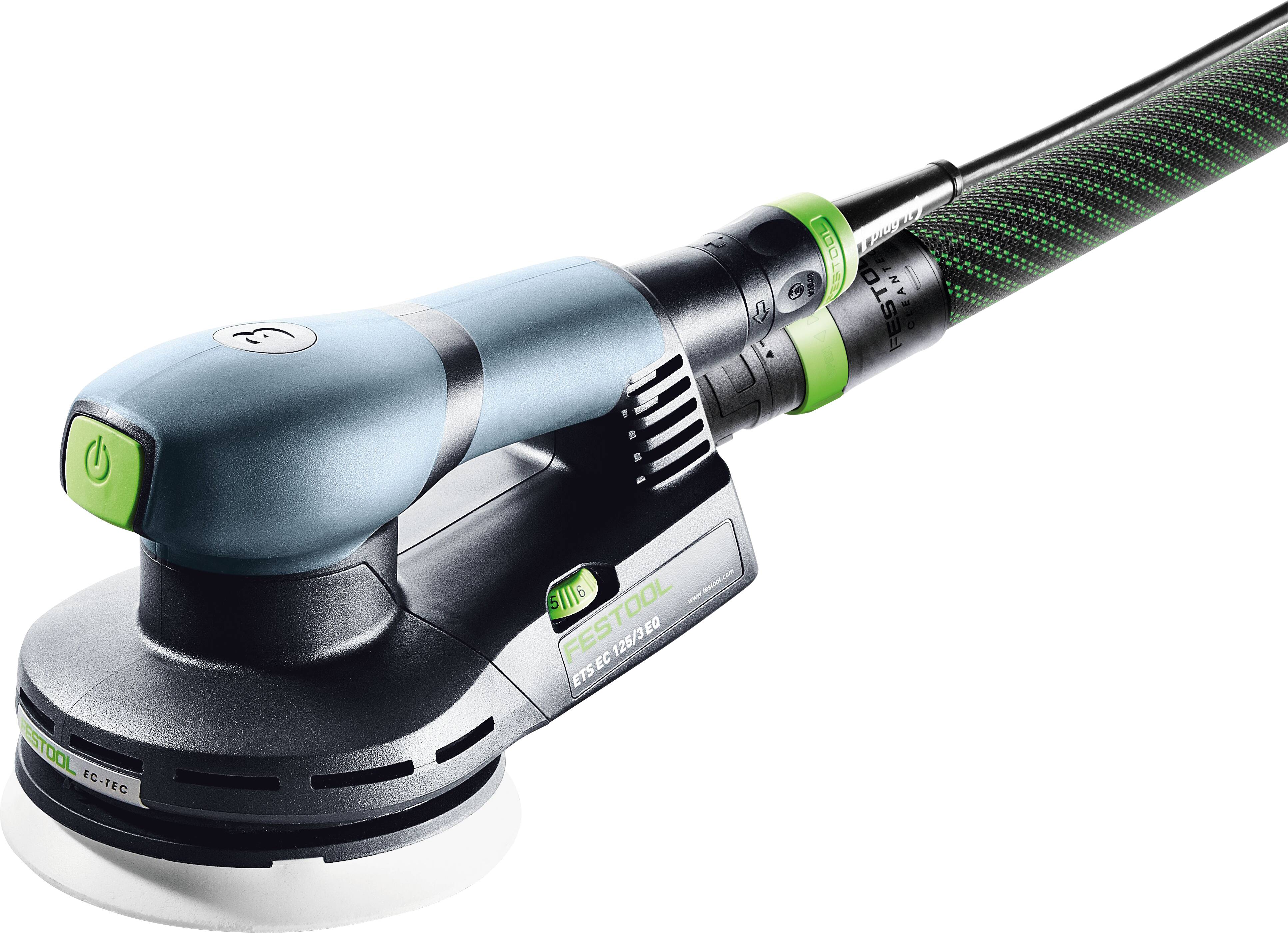 A hand-held electric sander in black and blue with a green button, designed for smoothing surfaces. Its attached hose indicates dust collection capability.