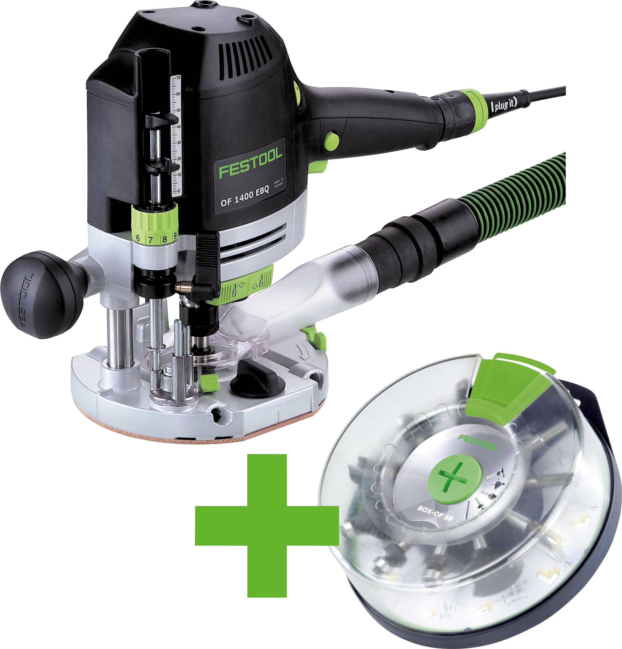 A Festool OF 1400 EQ router with a dust extraction hose attached, paired with a green and transparent sharpening tool on a white background.