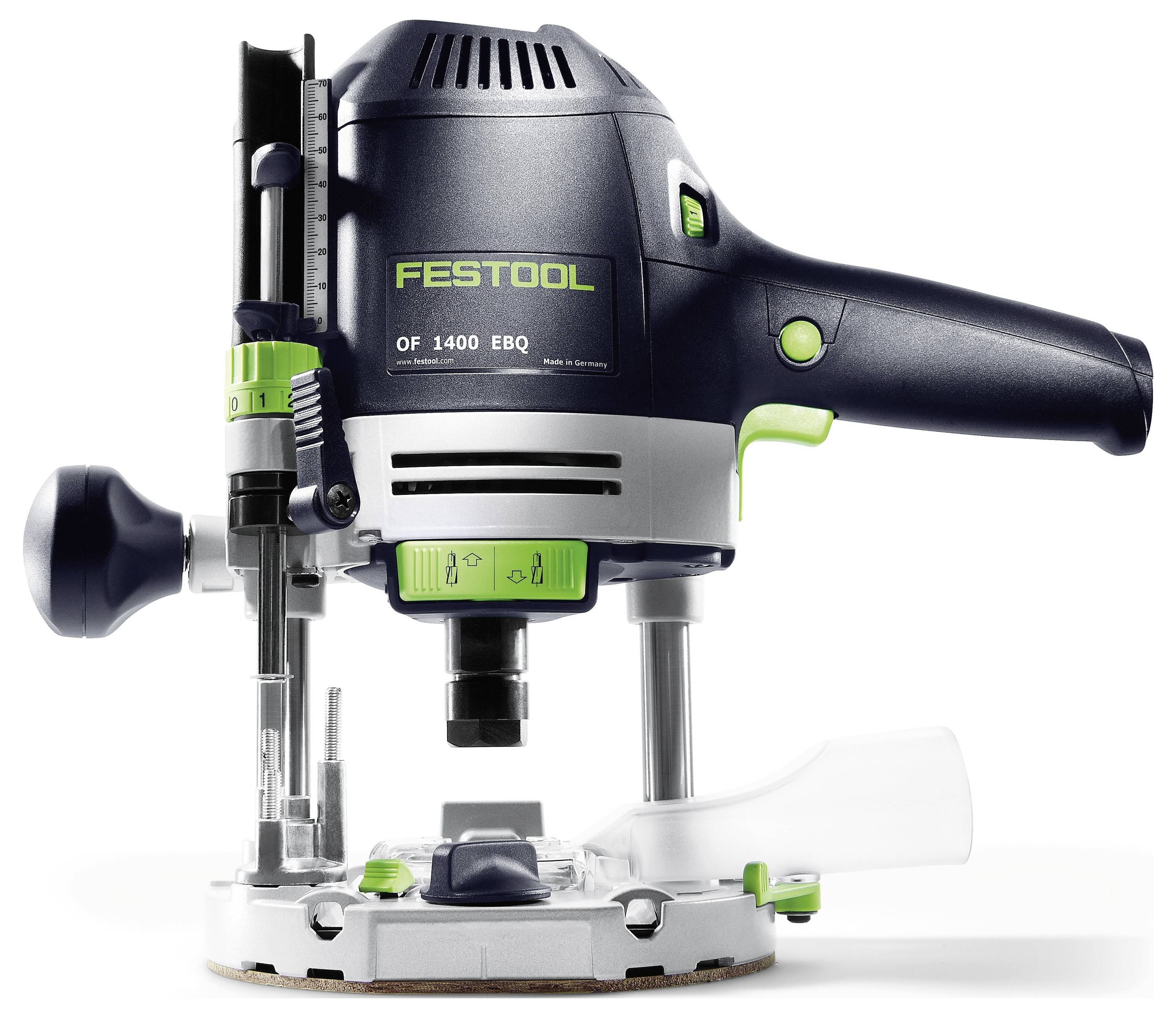 A Festool OF 1400 router in blue and green, shown from the side, highlighting its controls, adjustment knobs, and stable base for precision woodworking.