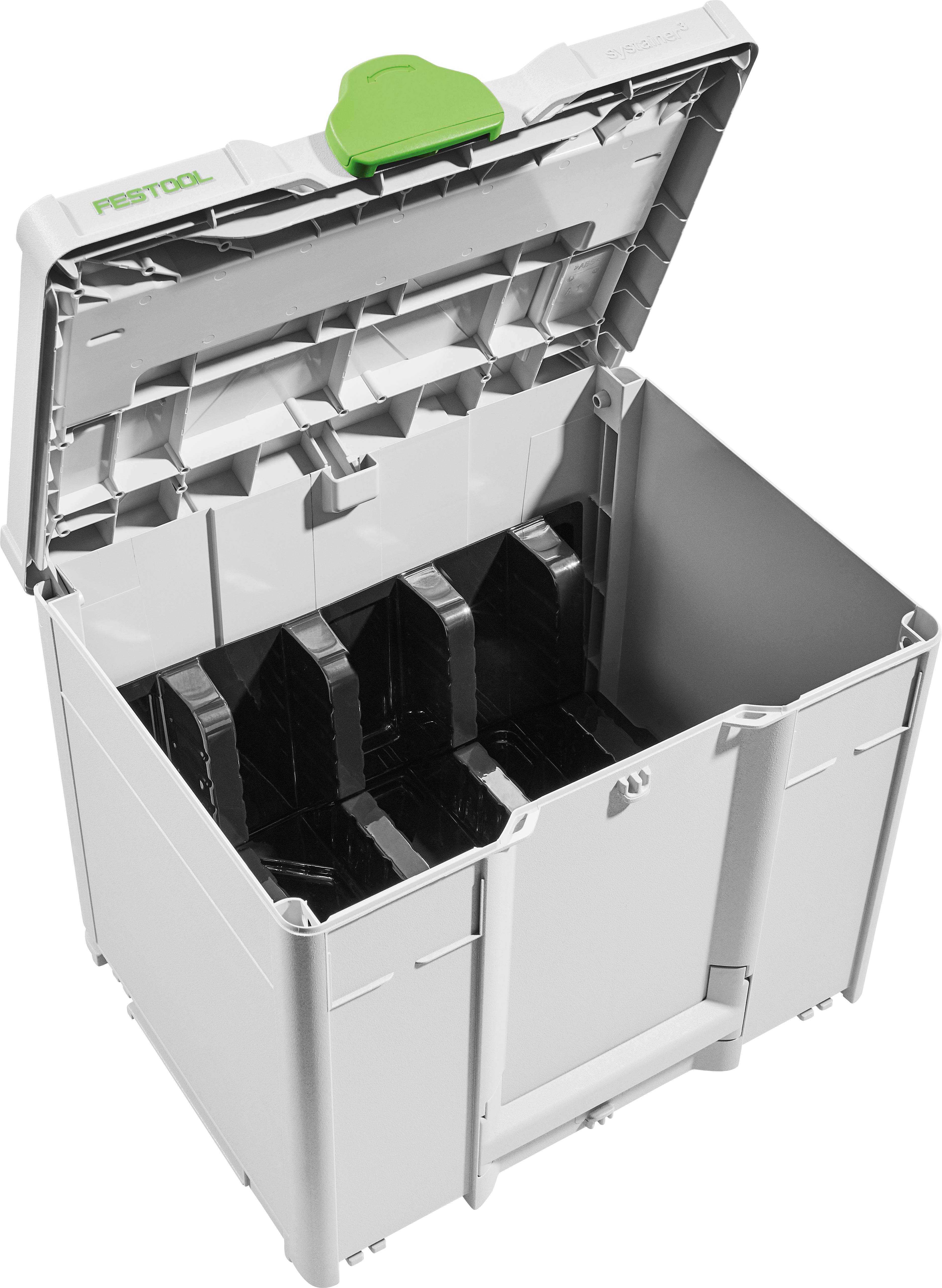 An open gray toolbox with multiple compartments inside, lid partially lifted. A green latch is visible on the top.