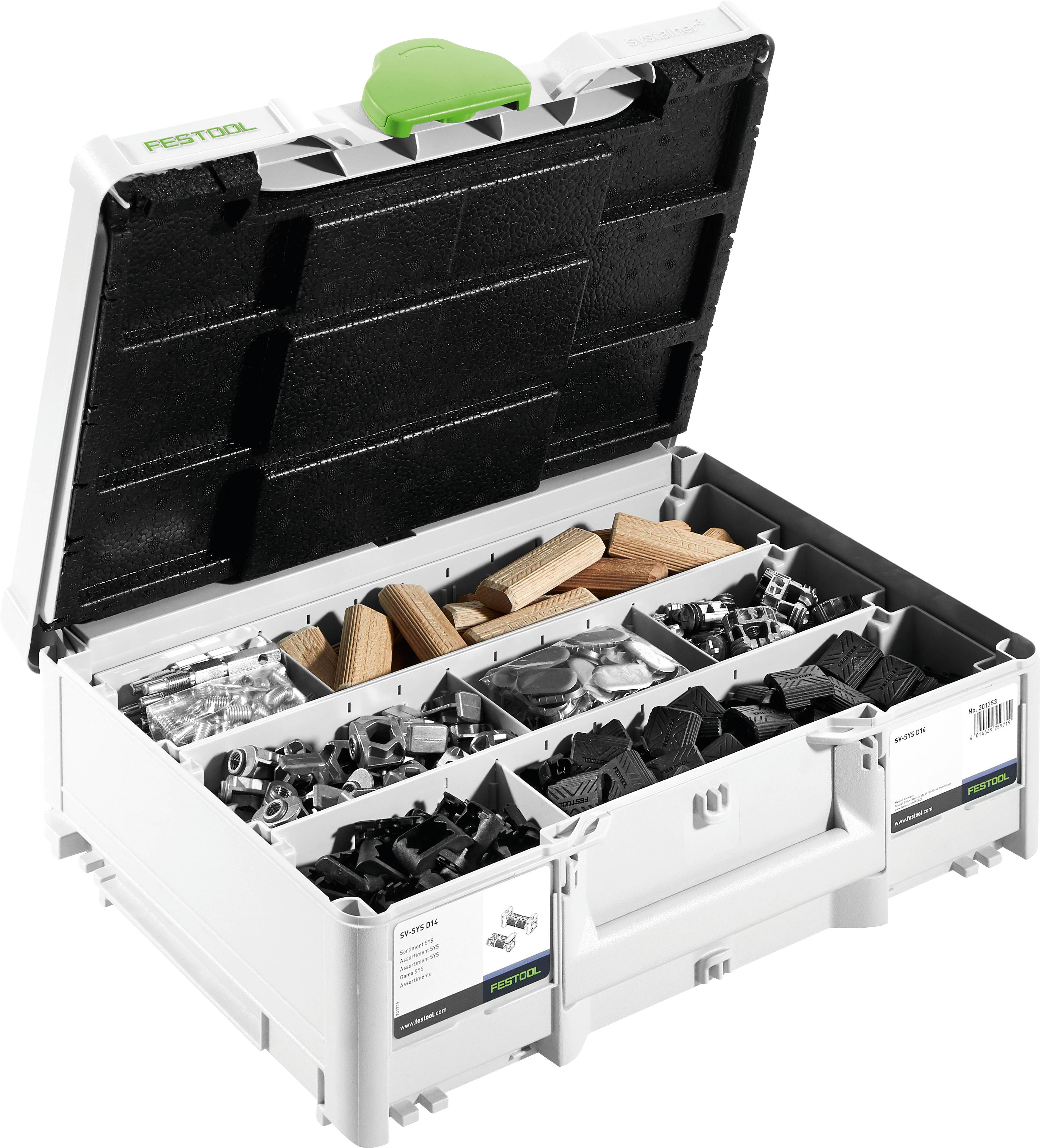 An open Festool toolbox with organized compartments containing wood joints, screws, and fasteners.