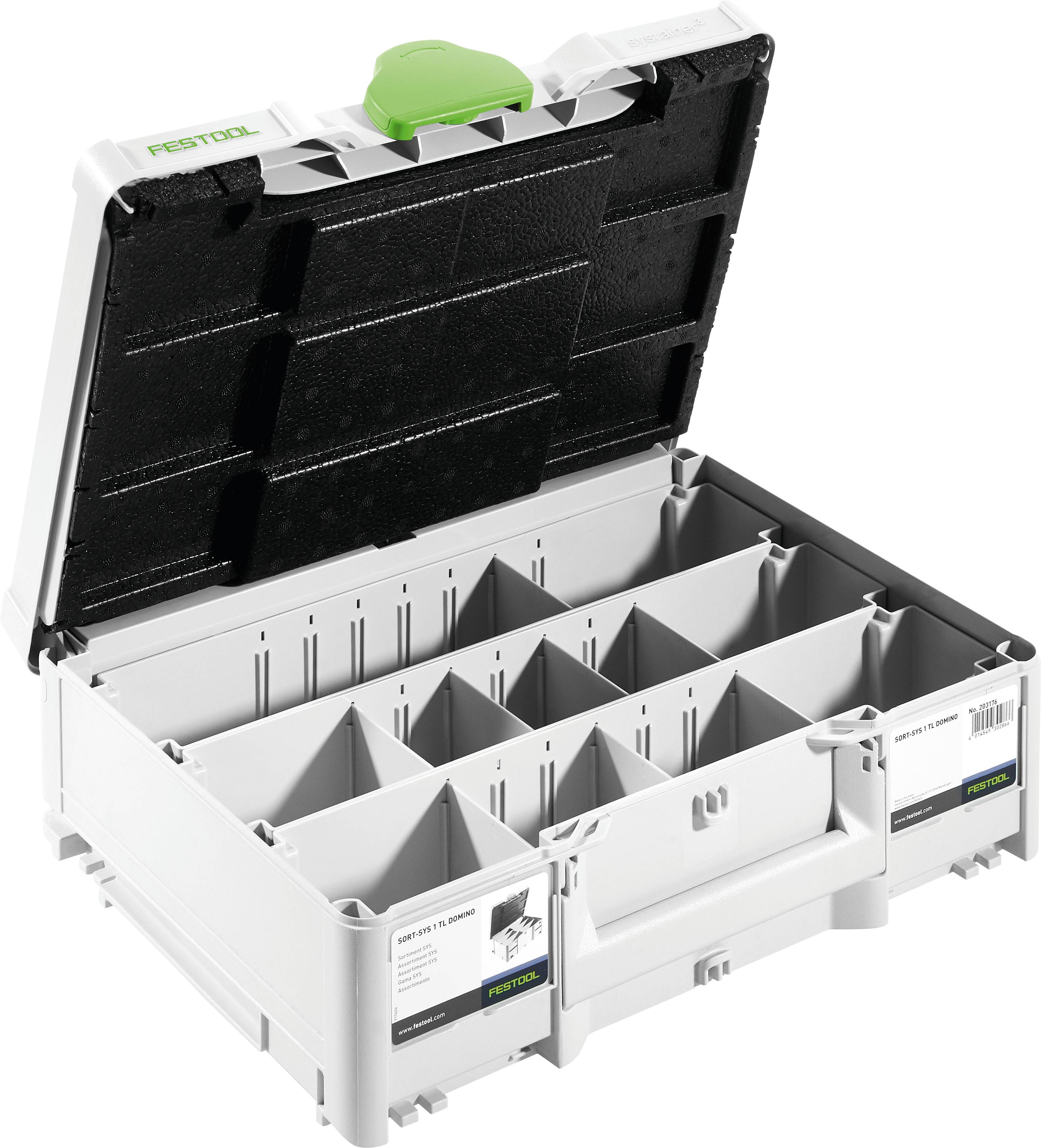 'Festool Systainer T-LOC' modular toolbox with open lid, showcasing customizable compartments suitable for organizing tools and accessories.