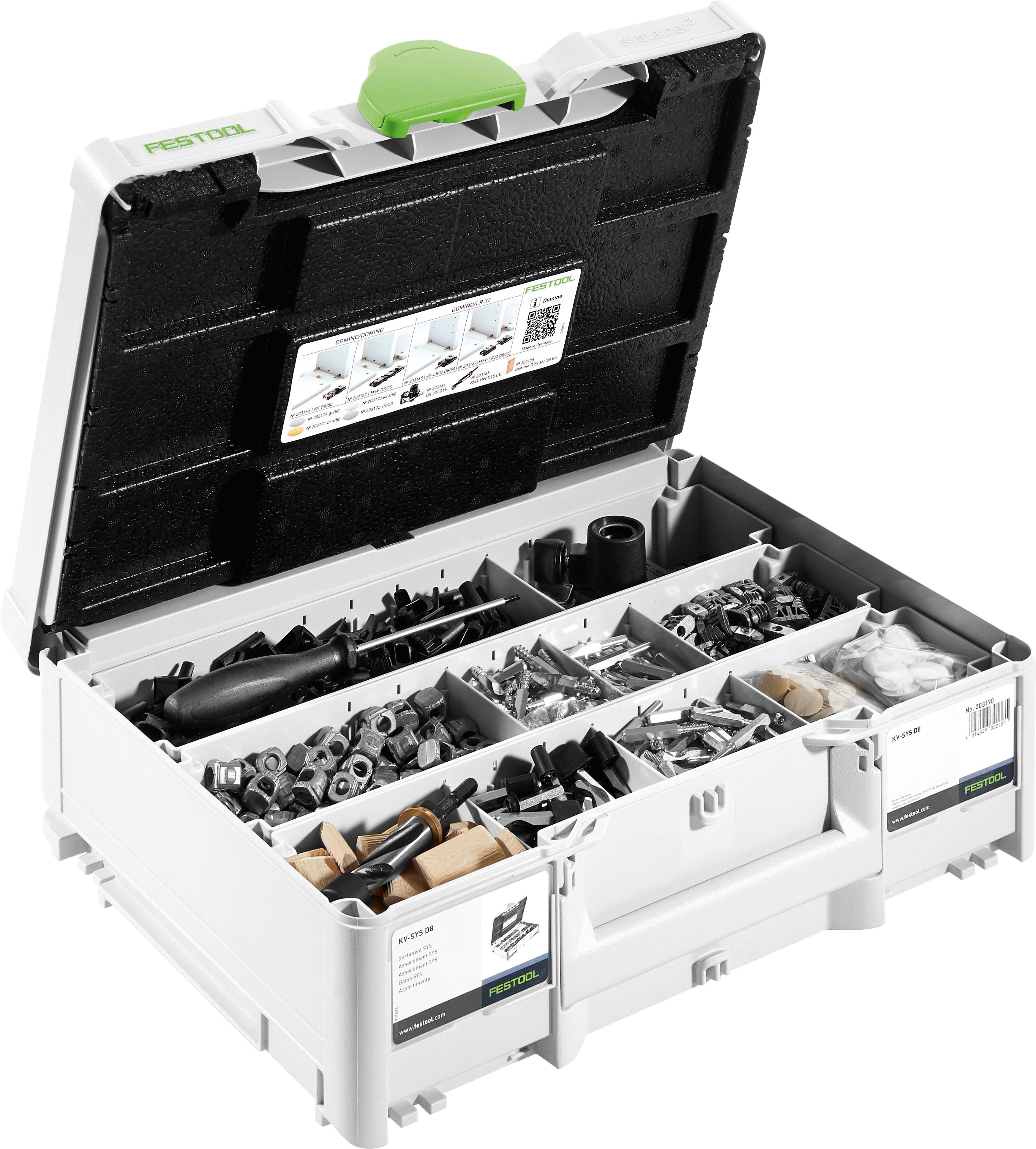 An open tool storage box with multiple compartments filled with assorted screws, nails, and small tools, organized neatly for use.