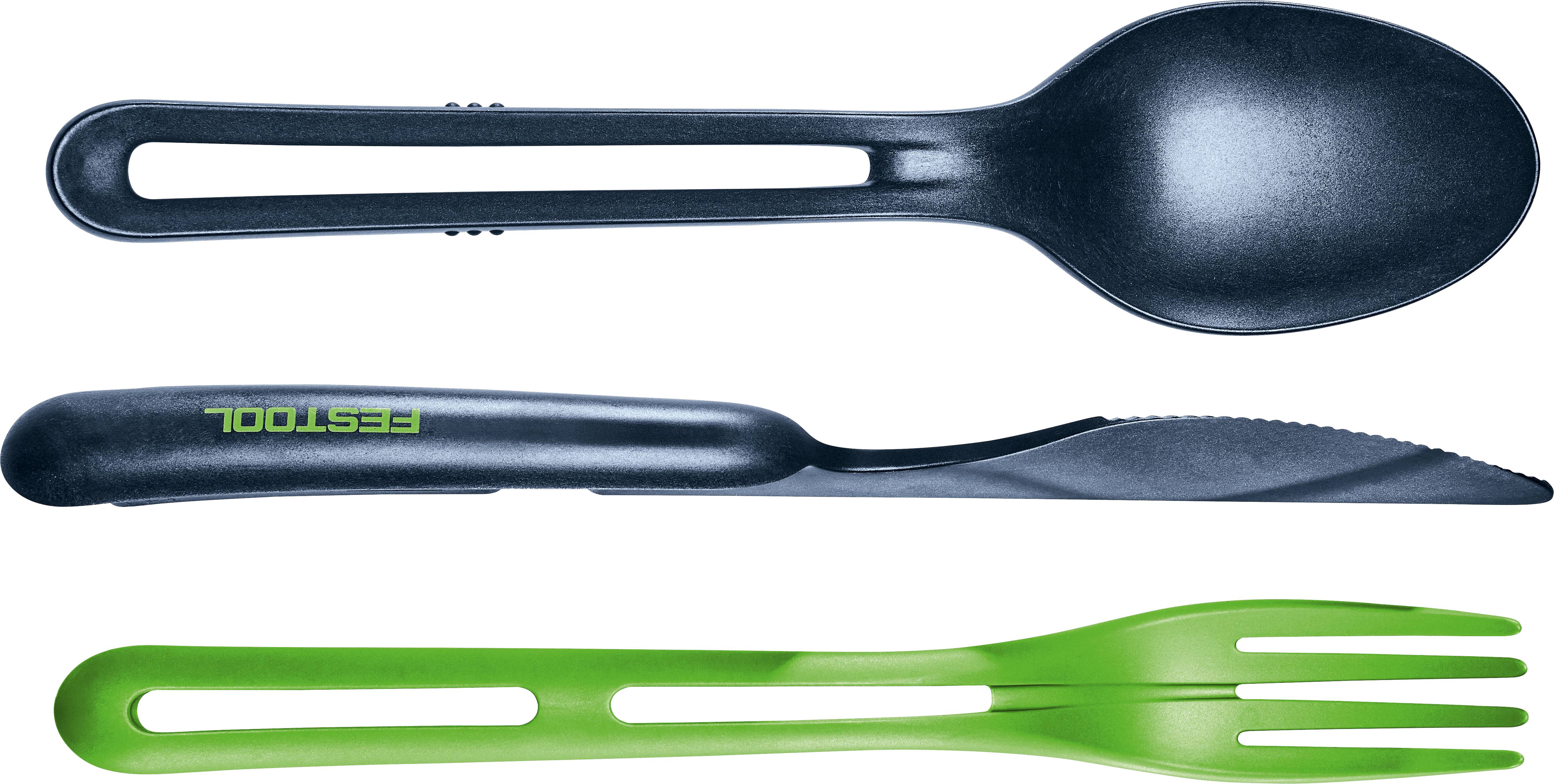 A black spork, a sleek black serrated knife with 'Festool' branding, and a green fork with a minimalist handle design, all aligned horizontally.