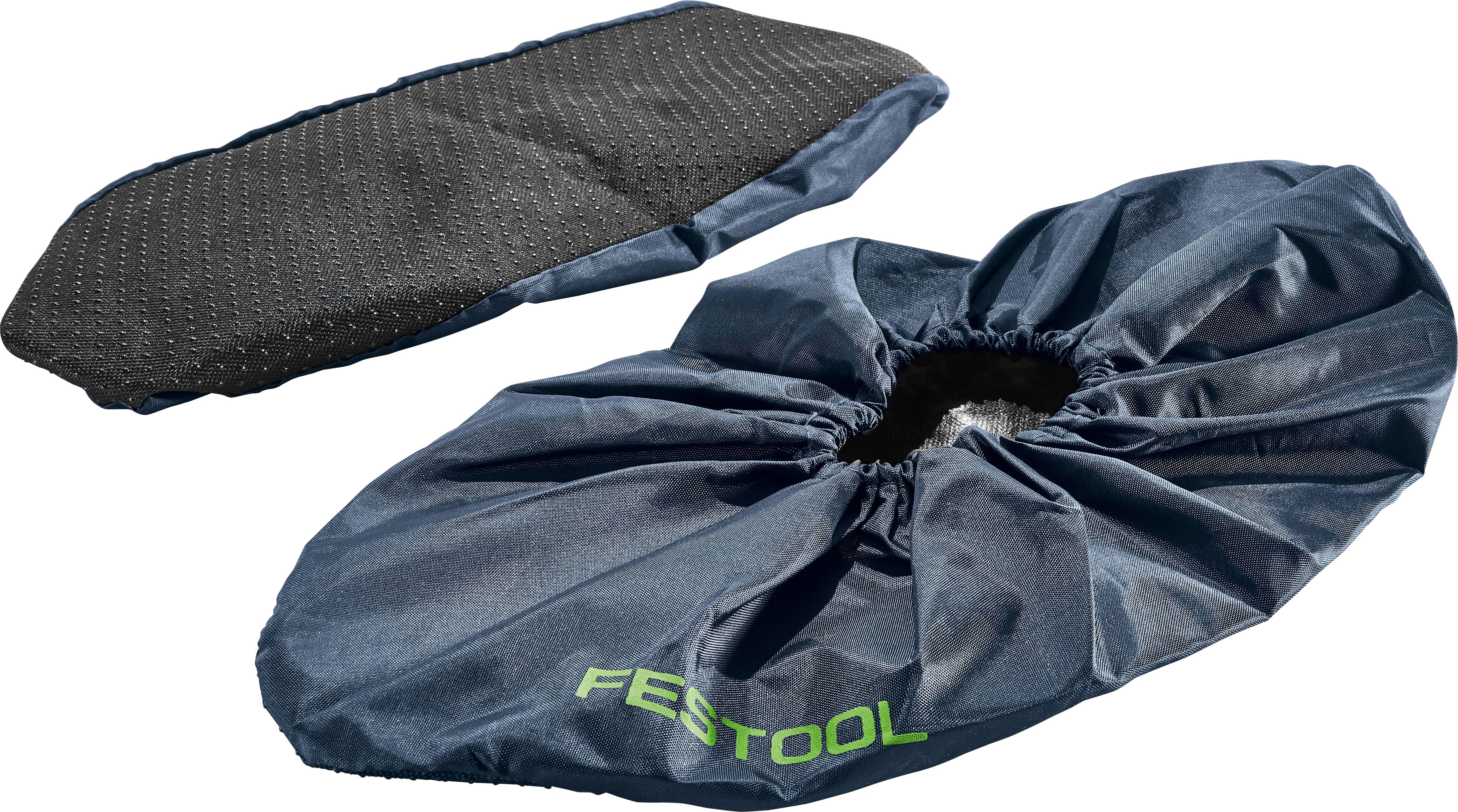 Two dark fabric covers with elastic edges, one labeled 'Festool', designed for protective use, shown on a light background.