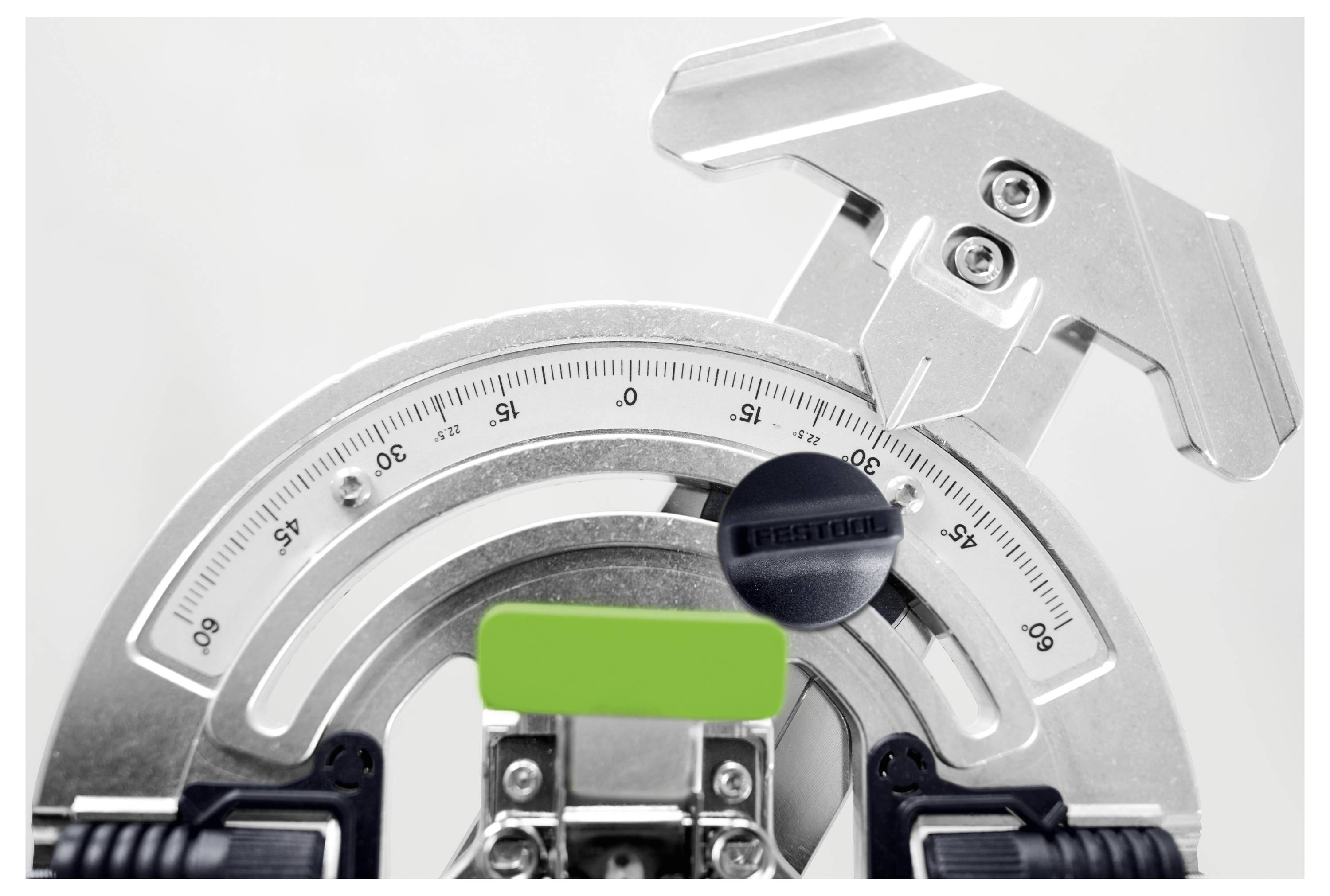A metal protractor gauge with a scale from 0 to 90 degrees, used for measuring angles, featuring silver components and a green label at the center.