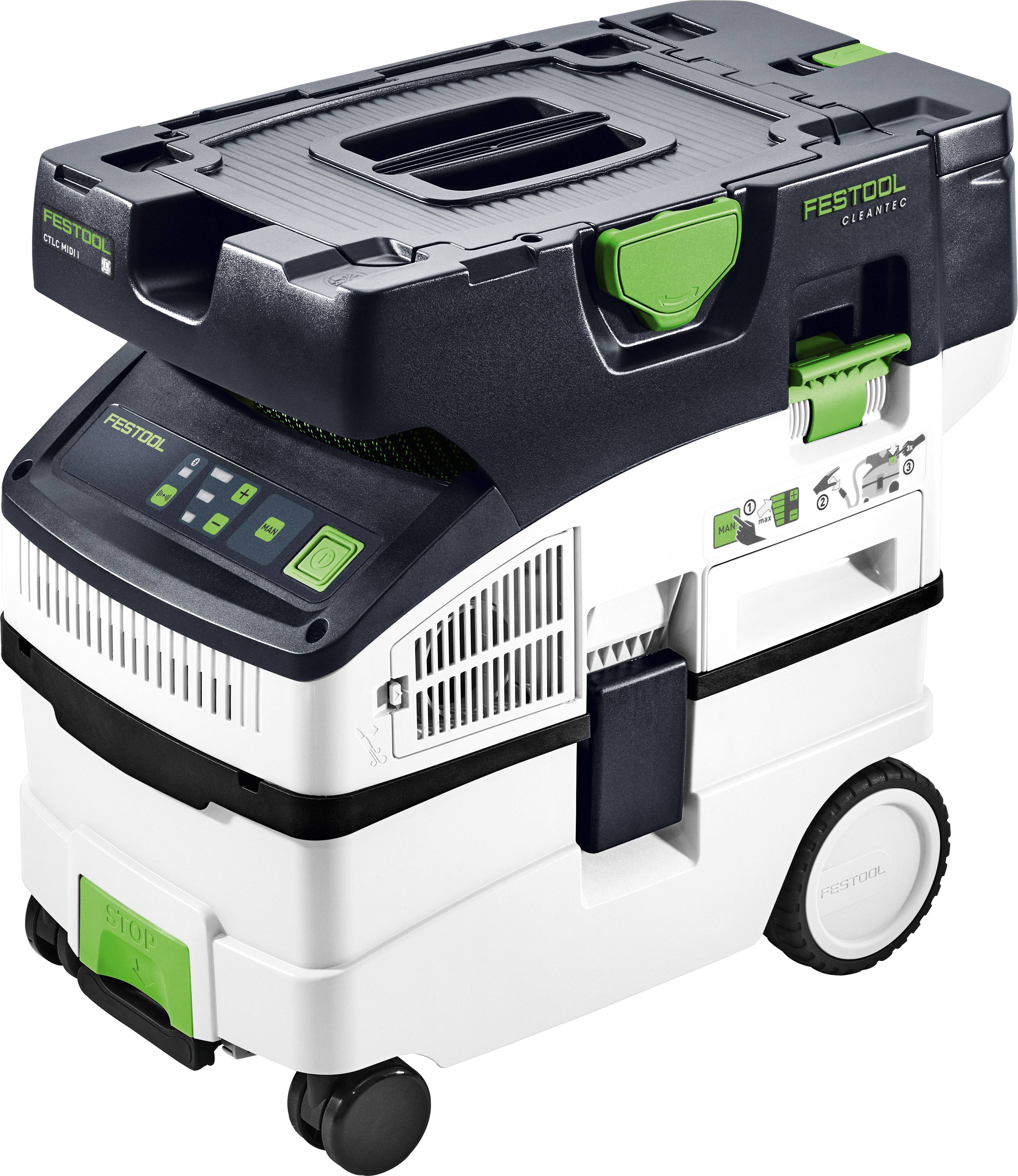 A Festool Cleantec vacuum in white and black with green accents, featuring control buttons on the front panel and wheels for mobility.