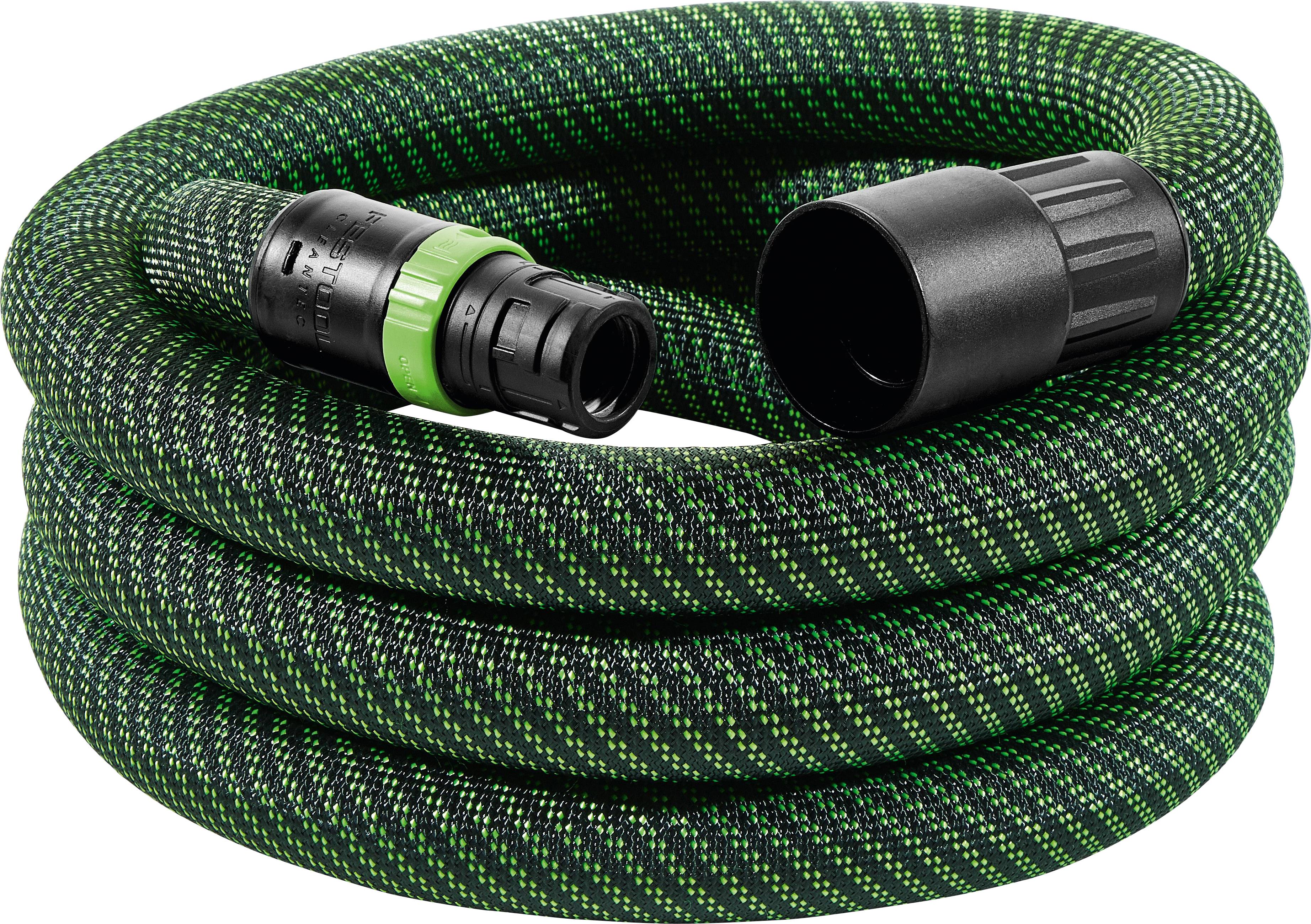 A coiled green and black garden hose with a green-tipped nozzle and a black connector.