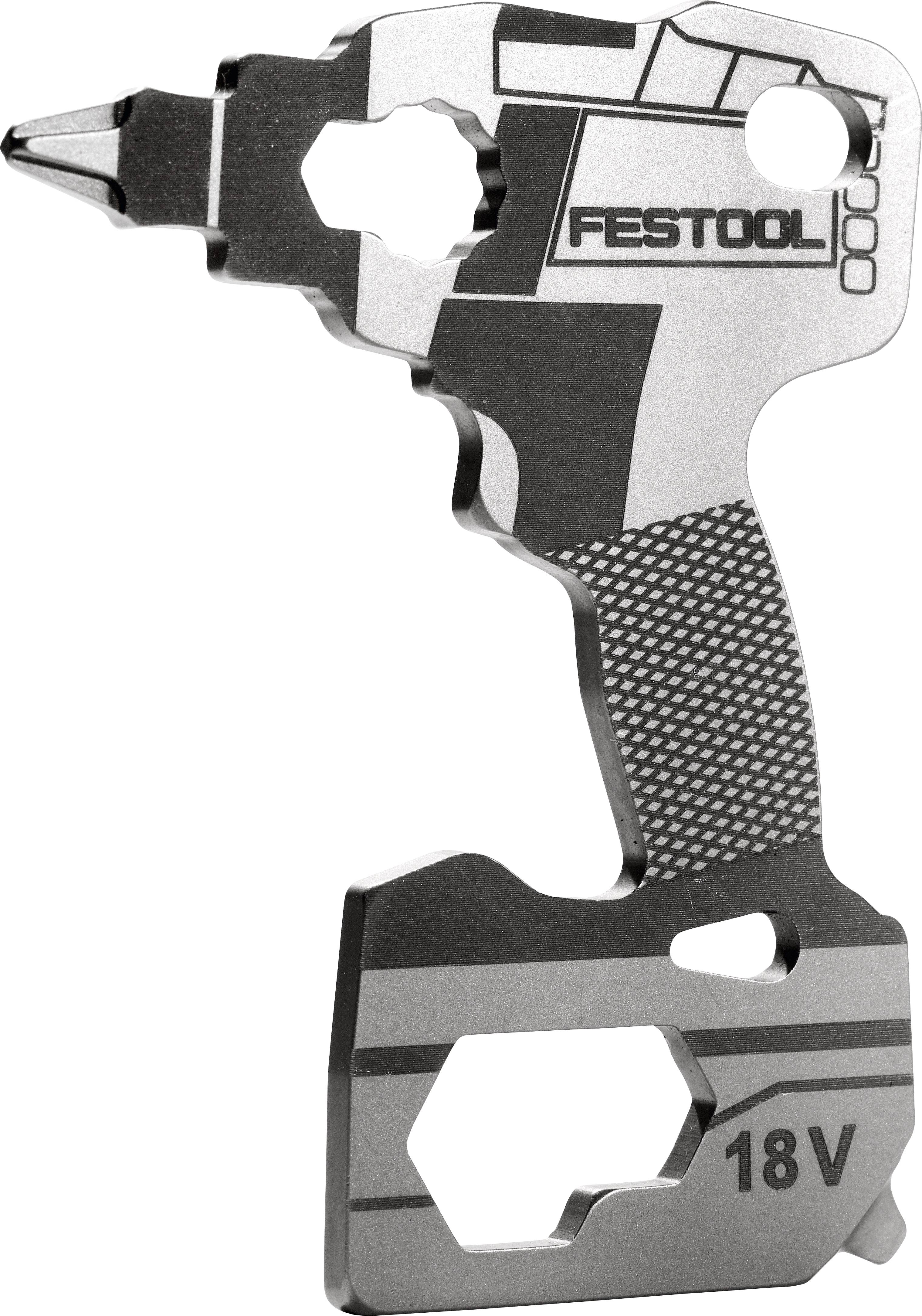 A multi-tool keychain shaped like a cordless drill, branded 'Festool 18V', featuring various wrench sizes and a screwdriver tip.