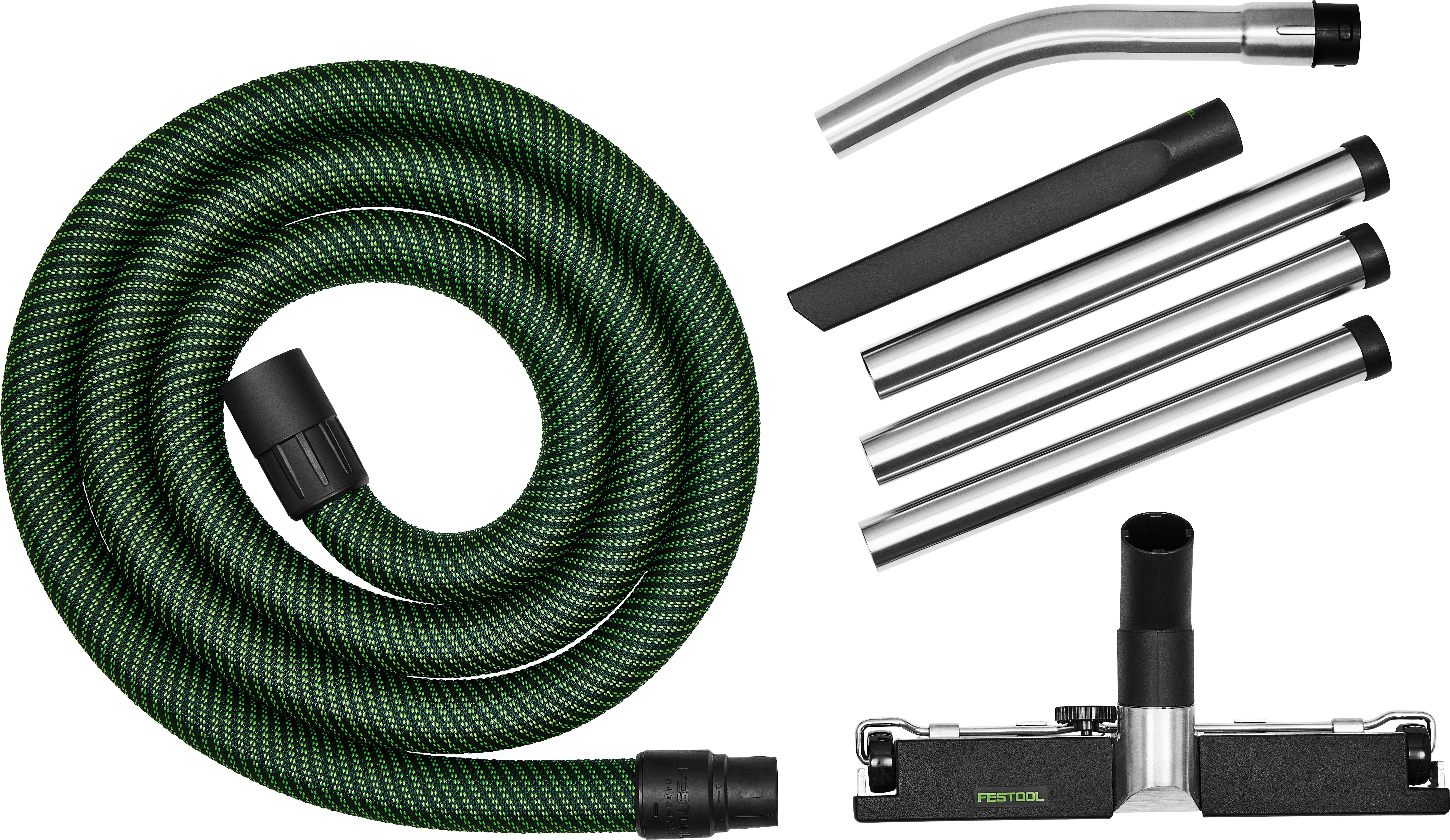 A green coiled vacuum hose alongside a metal floor nozzle, several attachment tubes, and various extension tools for cleaning tasks.