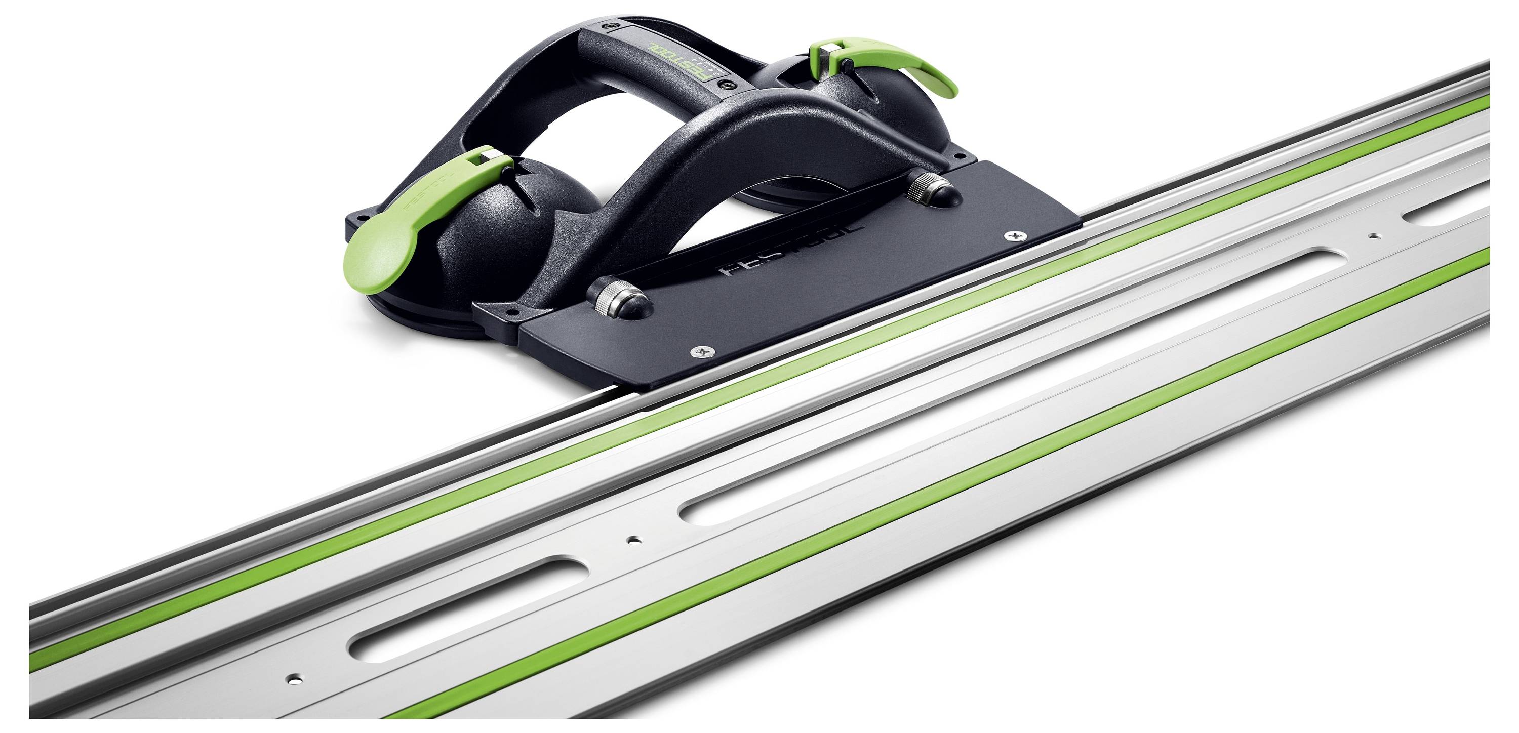 A precision guide rail system with a handle, featuring green accents, designed for accurate and straight cuts in woodworking.