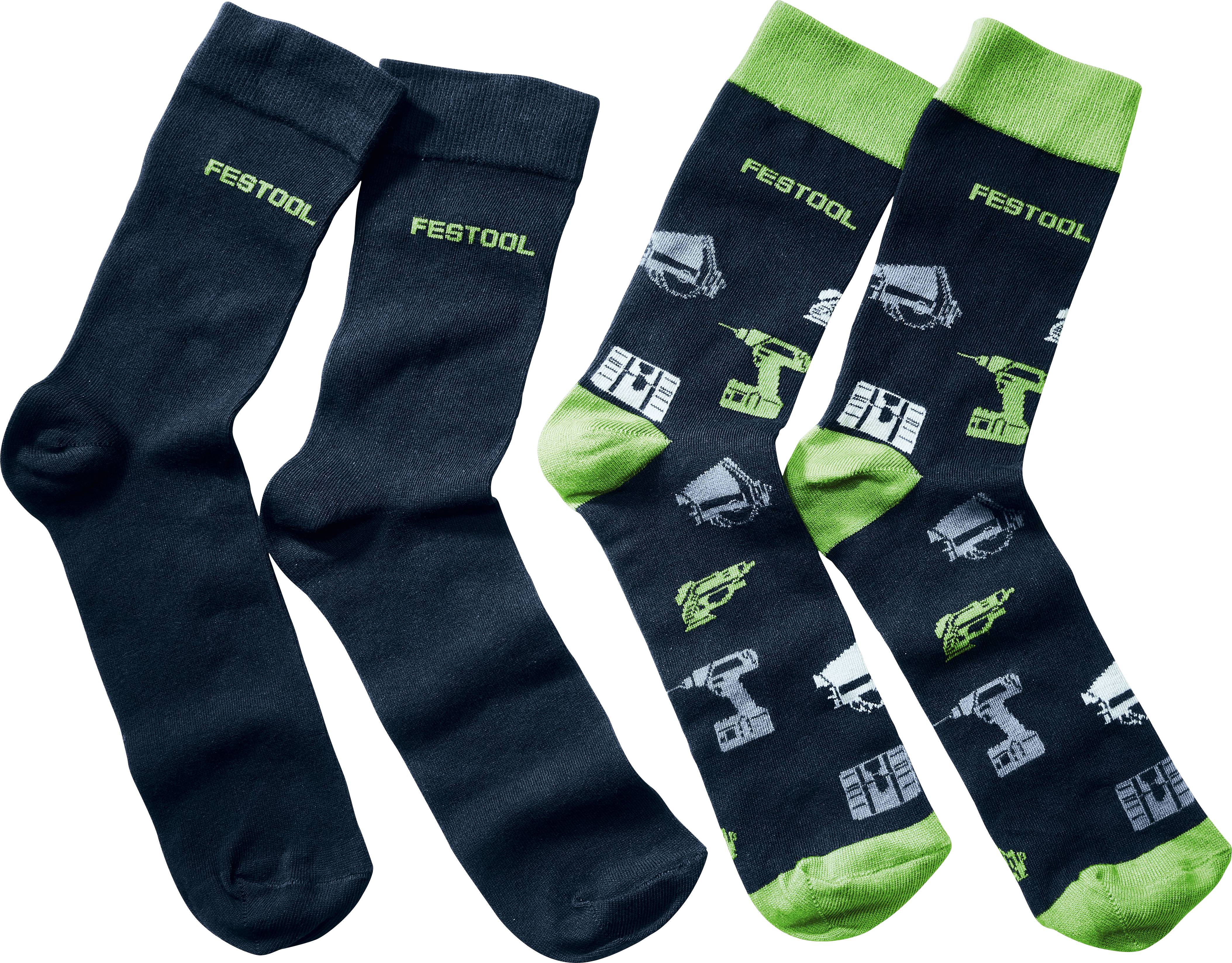 Two pairs of black and green socks. One pair has 'FESTOOL' text, the other features tool images and 'FESTOOL' text, with green accents.