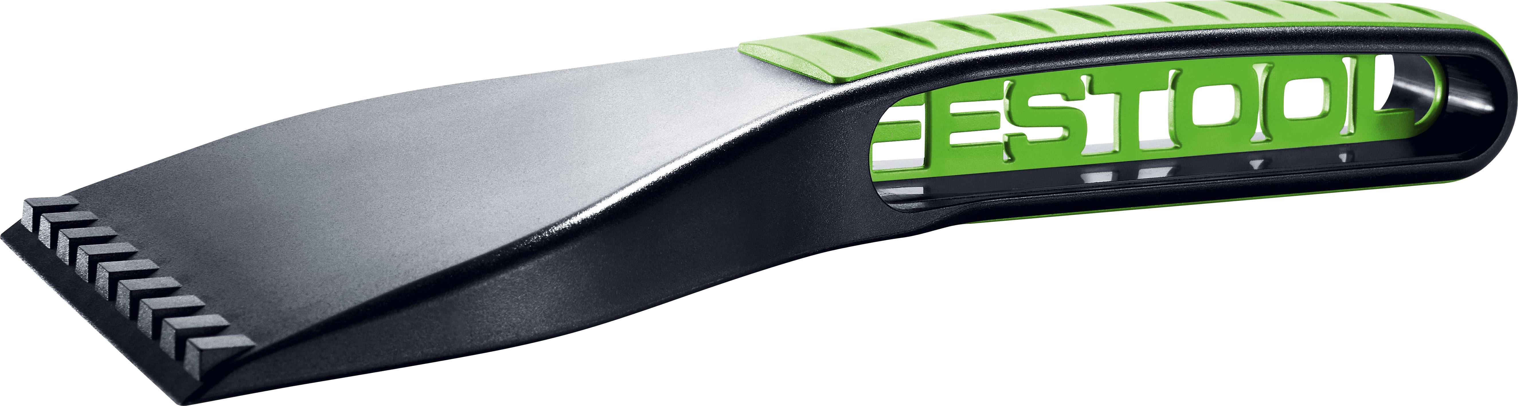 A black and green handheld scraper tool with a wide, flat edge and the brand name partially visible on the side handle.
