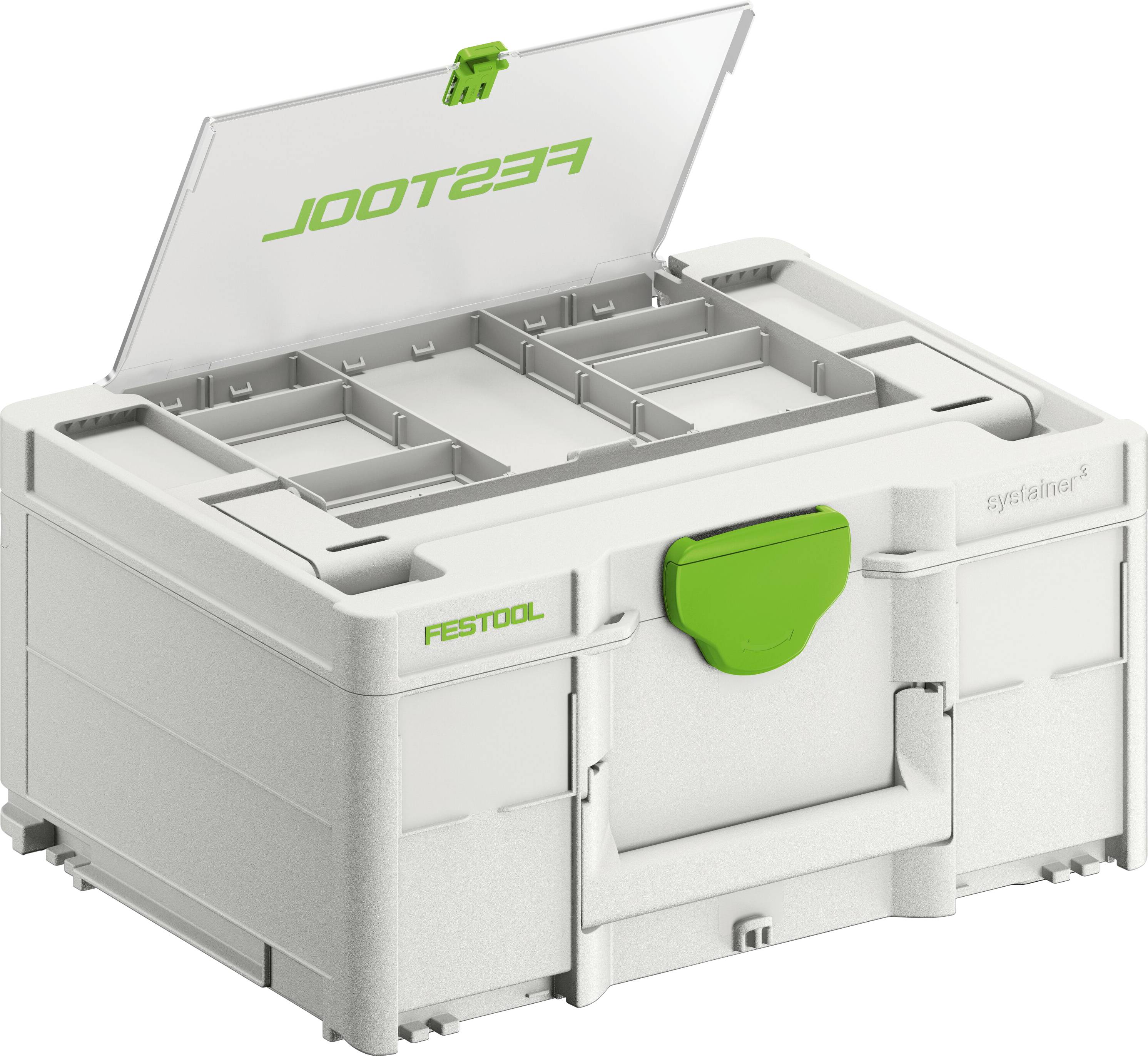 A grey plastic toolbox with an open transparent lid labeled 'Festool,' featuring adjustable compartments and a green handle.