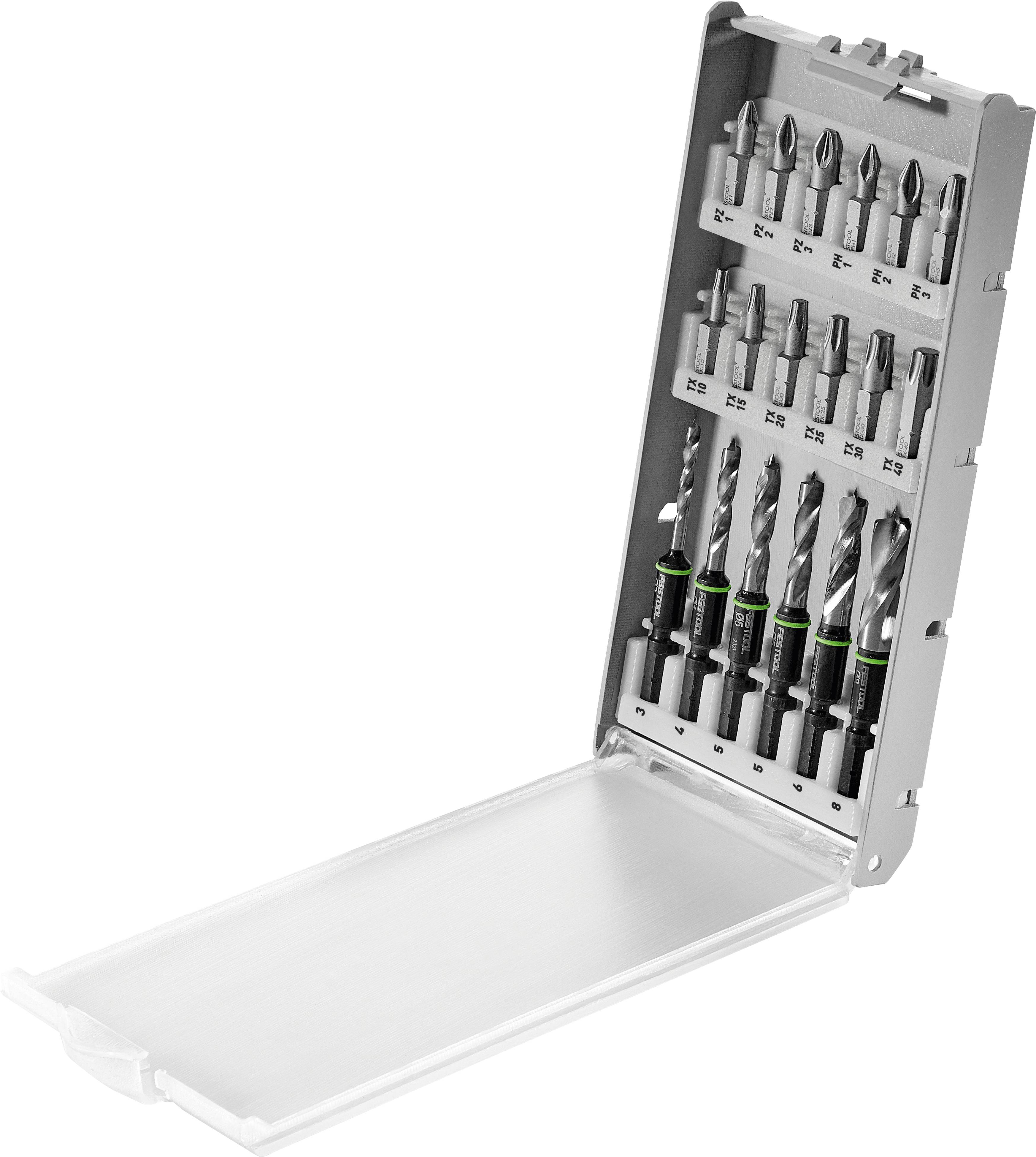 Set of metal drill bits and screw bits in an open plastic case, arranged in rows according to size and type, with compartments.